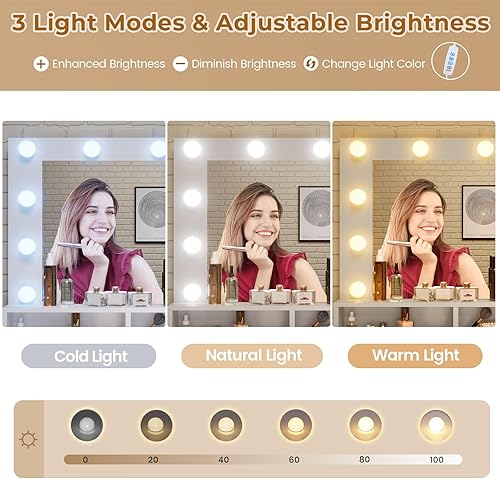 Miniatura 3 de Tiptiper - Tocador de maquillaje blanco con 10 bombillas, mesa de tocador moderna con espejo y 3 modos de iluminación, mesa de maquillaje con 2