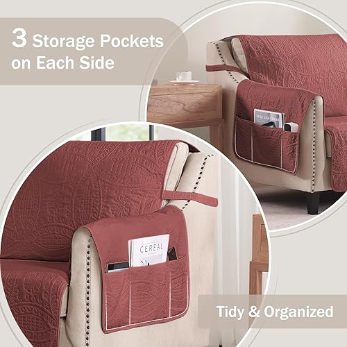 Miniatura 5 de Fundas acolchadas rojas con bolsillos, antideslizantes para sofá de 3 plazas, para perros y gatos, repelente al agua, lavable a máquina (sofá grande