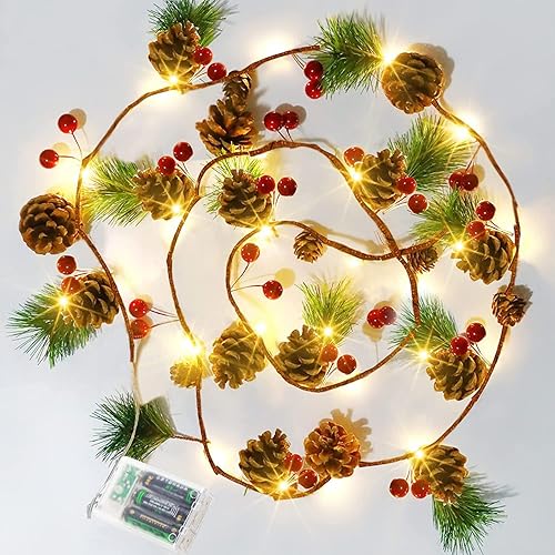 Hongyitime Cadena de luces de piñas de 7.8 pies, cadena de luces de cono de pino de Navidad, 20 luces LED de guirnalda de piñas rojas, guirnalda de