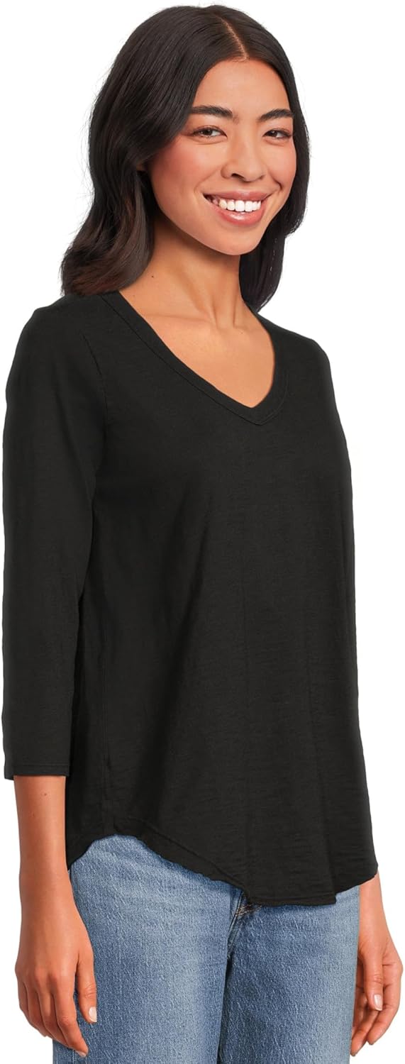 Mod-o-doc Women's 3/4 Sleeve V-Neck Tee with Curved Hem, Black - Image 2