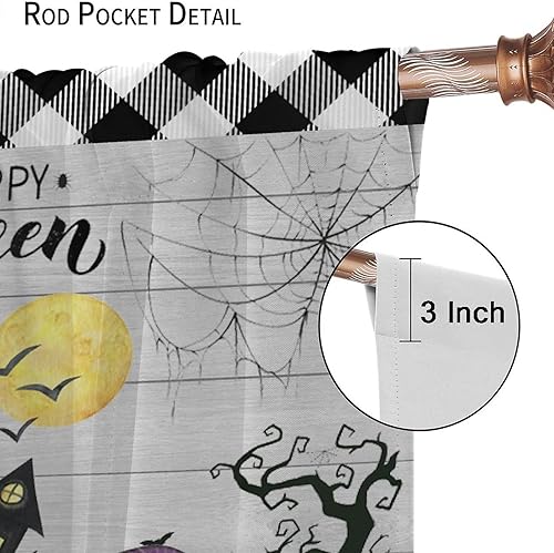 Miniatura 5 de Cortinas de Halloween naranja y negro con diseño de calabaza, araña, murciélagos para sala de estar y dormitorio, decoración de panel de cortina de