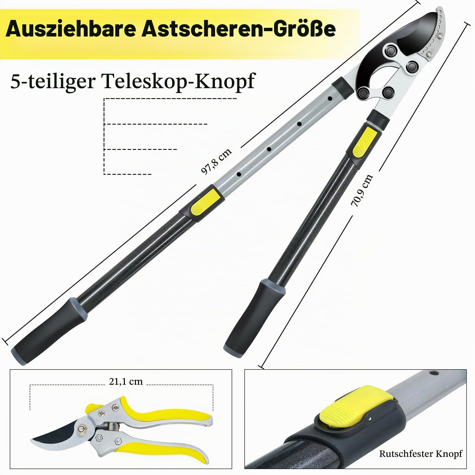 Jardineer Ausziehbarer Amboss-Astscheren, Schwere Baumscheren mit 5cm Sauberer Schnittkapazität, 71-98 cm teleskopierbarer Baumverschnitt-Langstiel mit SK5-Reservemesser