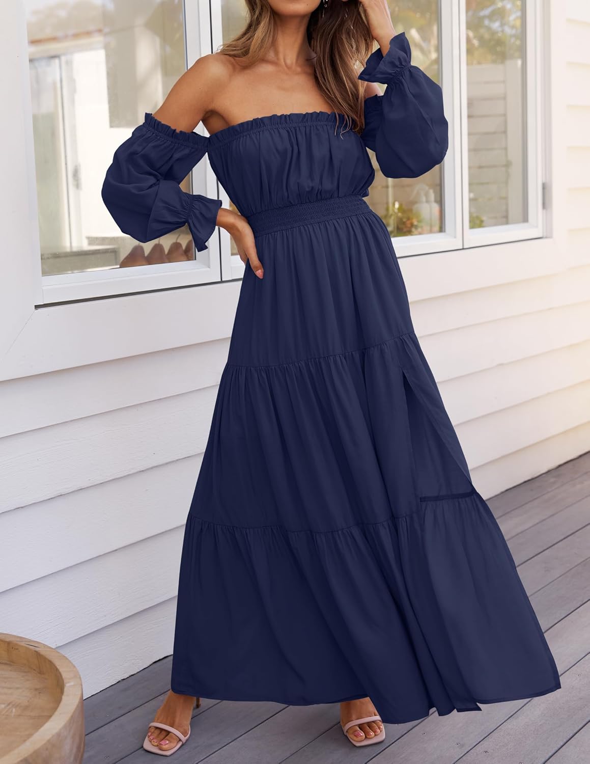 ZESICA Women's Boho Off Shoulder Spring Long Sleeve Dress 2026 High Waist Side Split Sexy Flowy A Line Long Maxi Dresses - Image 3