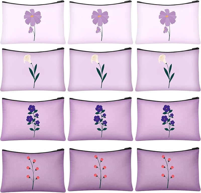 SilTriangle Necessaire de lona roxa com estampa floral e zíper, 12 unidades