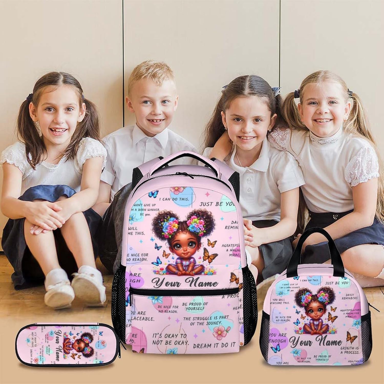 Custom Backpack Gift for Girls, Set of 3 African Girls Bookbag with Name for Kids Kindergarten Preschool Primary, 17 Inch Lightweight Personalized Backpacks for School