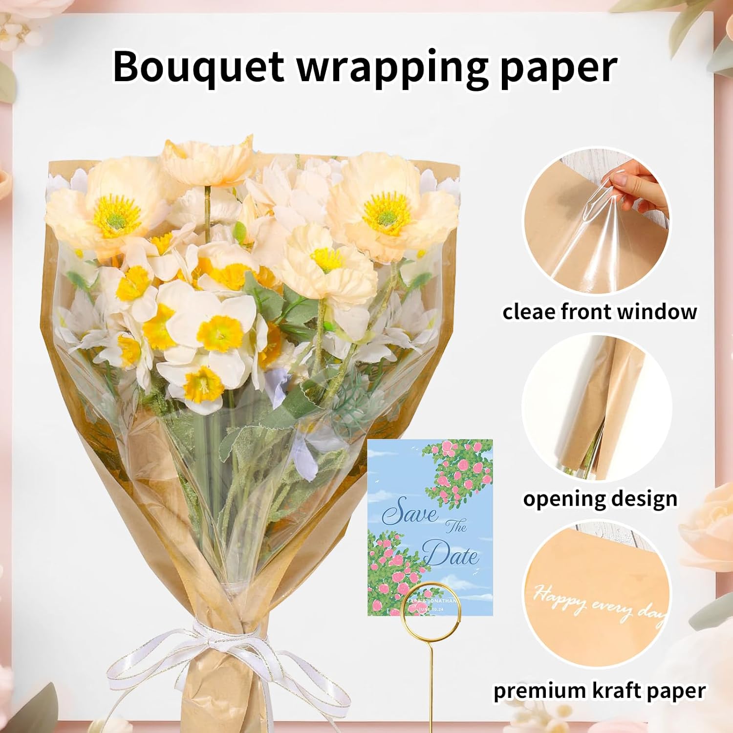 50 Pack Flower Bags for Bouquets,Flower Wrapping Bags Kraft Paper Flower Sleeves for Bouquets Flower Bags,with 50Pcs Floral Card Holder Picks and Ribbons,for Mother's Day,Florist Supplies,22x14 Inches