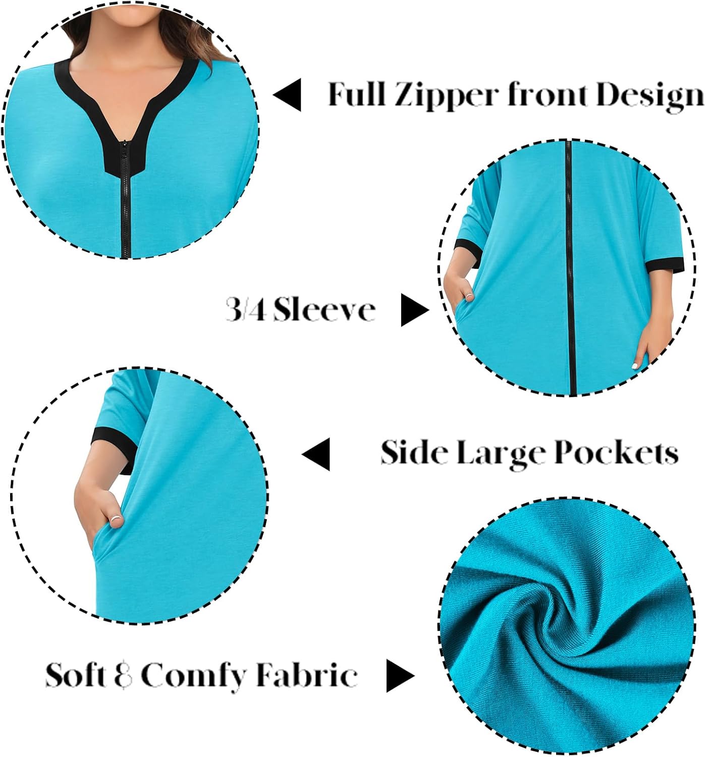 SWOMOG Women Zipper Robe Long Housecoat Zip Up Bathrobes Full Length Nightgown Loungewear with Pockets S-3XL - Image 6