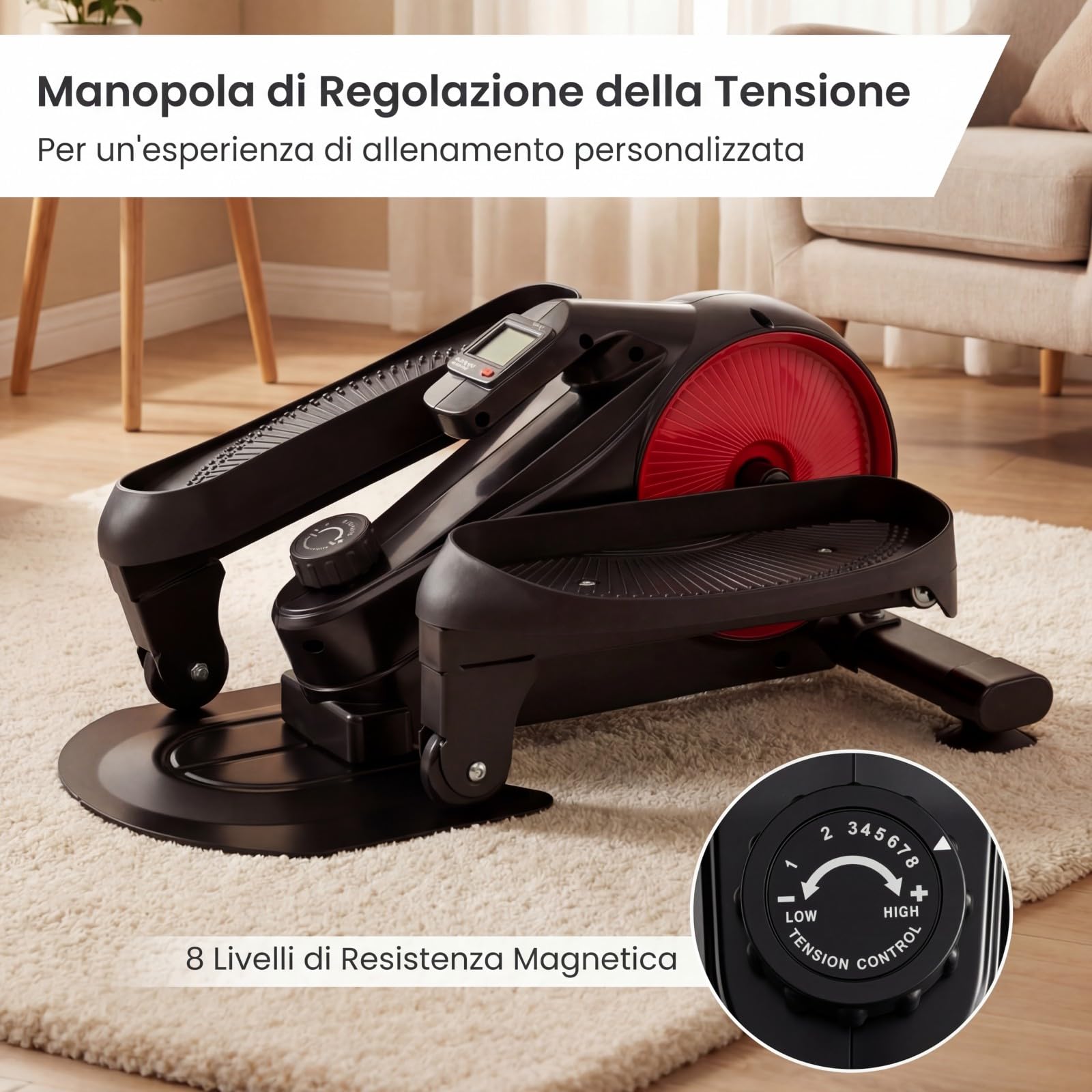 COSTWAY Ellittica sotto Scrivania, Pedaliera Riabilitazione Silenziosa, con Monitor e 8 Livelli di Resistenza Magnetica Regolabili e Display LCD, Mini Ellittica Portatile per Casa e Ufficio