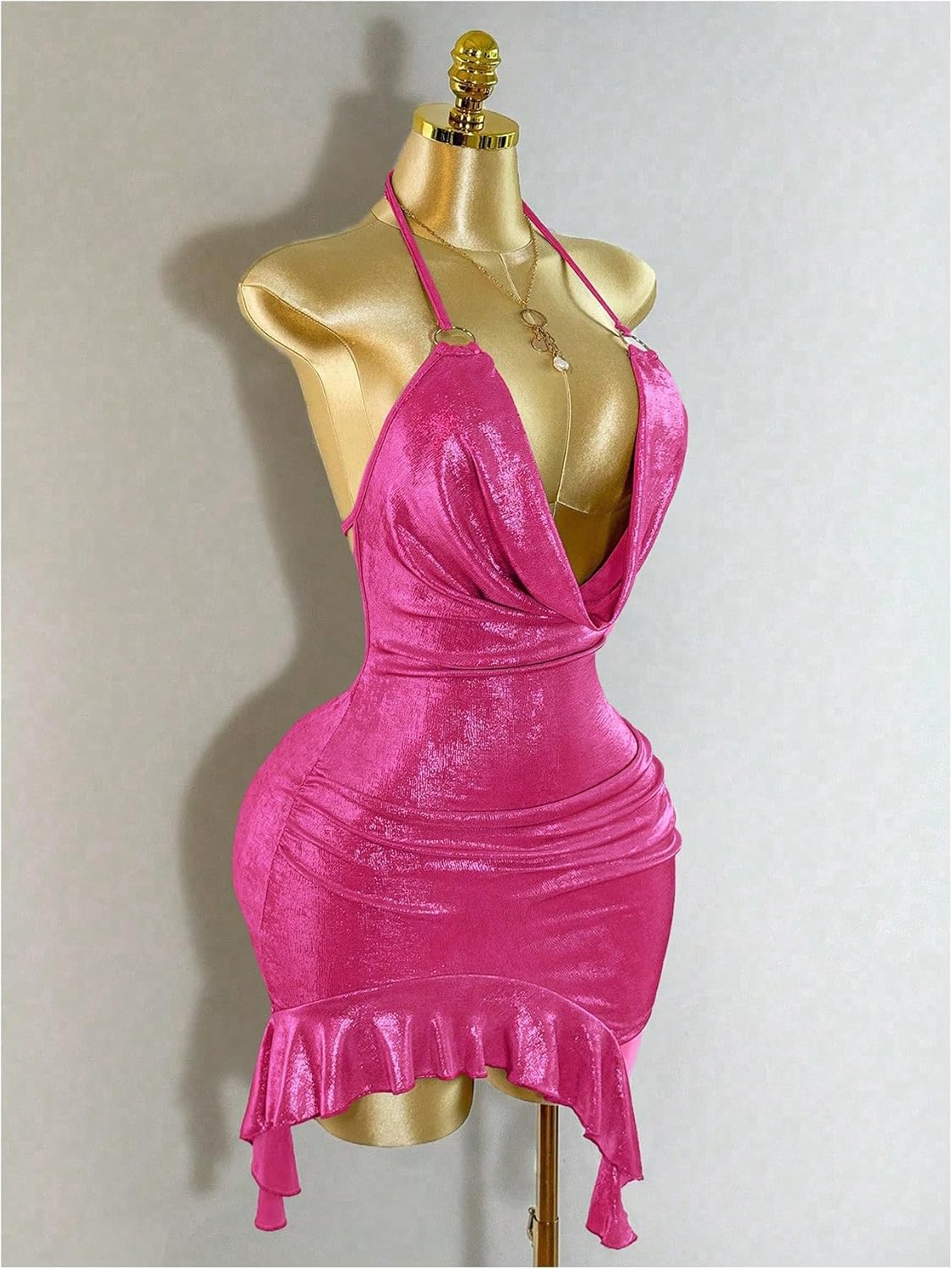 OYOANGLE Women's Metallic Cowl Neck Ruched Sleeveless Halter Short Dress Backless Y2K Going Out Dresses