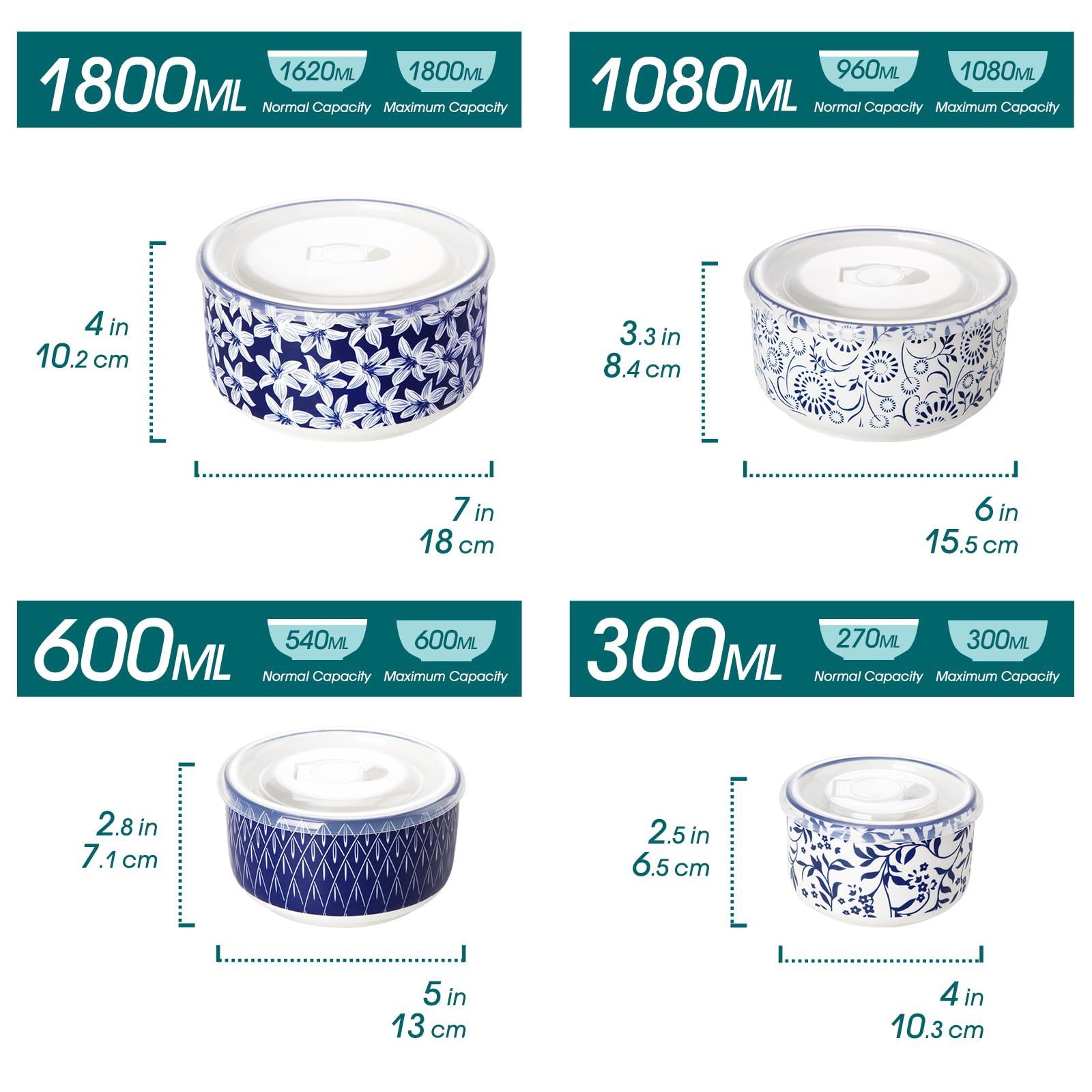 Salatschüssel mit Deckel 4 teilig, vancasso Müslischalen Keramik, Servierschalen Blau-Weiß, Schüssel mit Deckel für Müsli, Salat, Suppe, Ramen