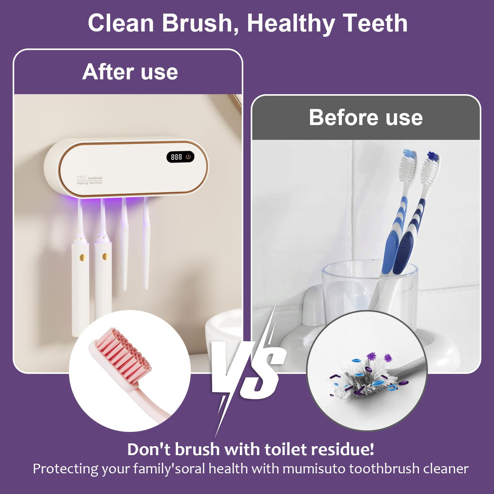 mumisuto UV Sanitizer uchwyt na szczoteczki do zębów, ścienny, bez wiercenia, z funkcją suszenia i timera, 1800 mAh, z możliwością ponownego ładowania, 4 otwory, akcesoria łazienkowe dla dzieci i