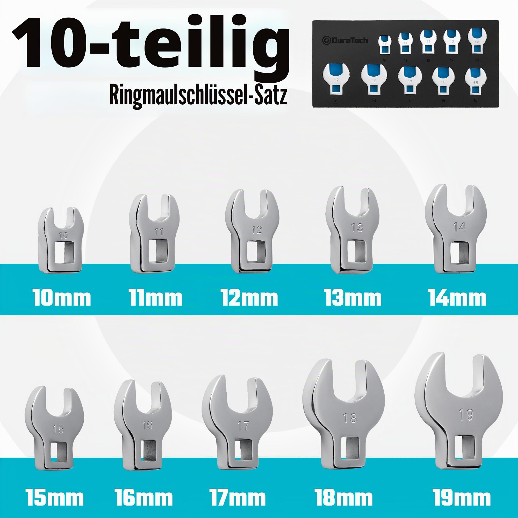 DURATECH 10-tlg. Hahnenfußschlüssel-Set 3/8 Zoll, metrische Maul-Hahnenfußschlüssel 10–19 mm, Chrome-Vanadium-Stahl, für Ratsche & Drehmomentschlüssel, mit EVA-Schaum Werkzeug-Organizer