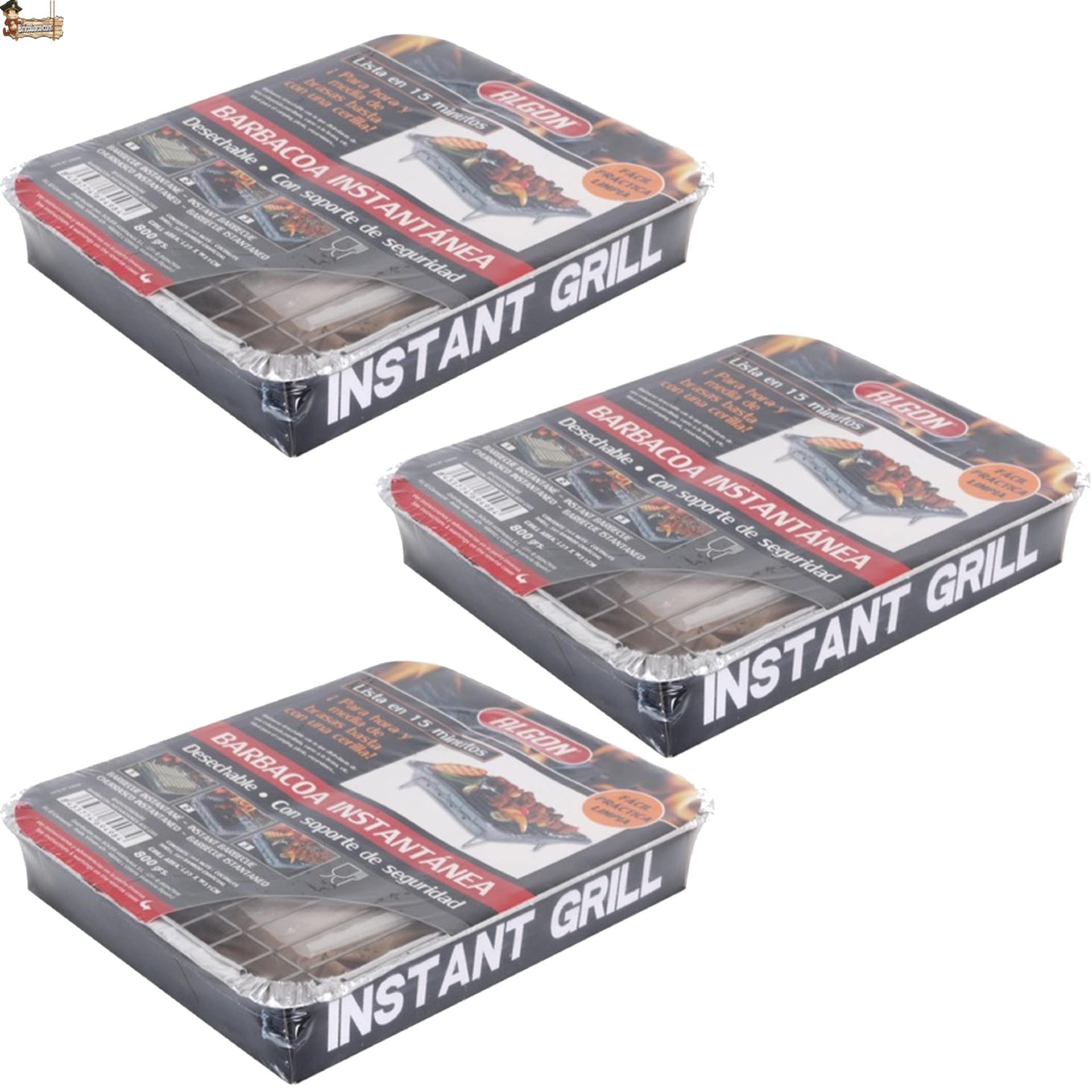 BricoLoco.com Barbacoa instantánea desechable de un solo uso para usar y tirar. ¡¡¡ Pack 3 uds. de 800 gramos de carbón “ y parrilla. Para jardín, picnic, excursiones, camping, en la cocina (3)
