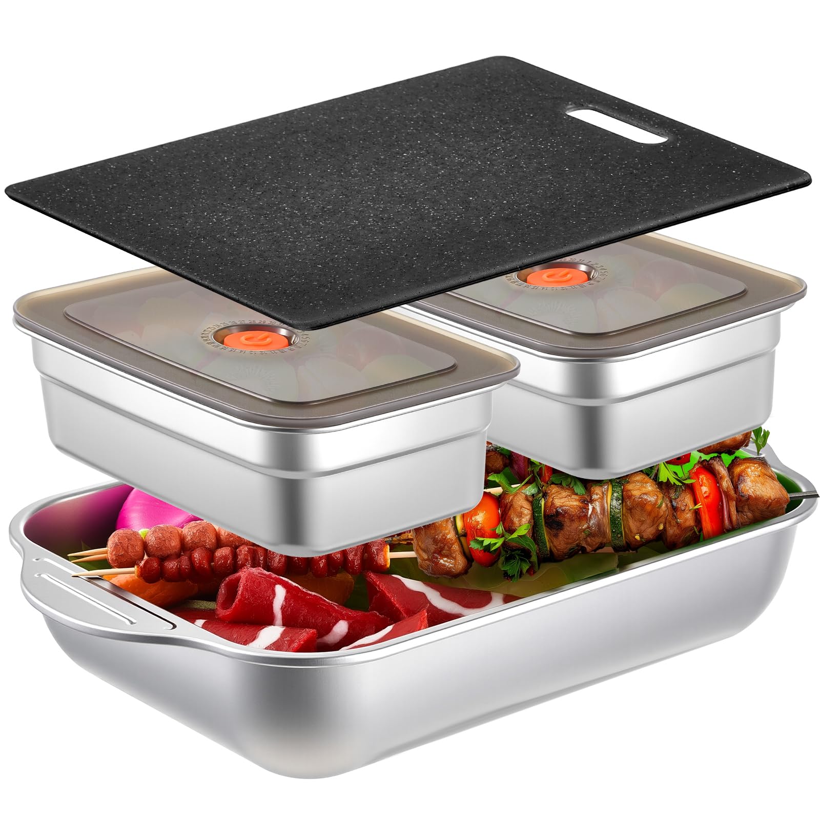 El juego de 4 bandejas de preparación de parrilla incluye bandejas de acero inoxidable para preparar y servir para parrilla de 15.8 x 9.7 pulgadas, 2 recipientes de adobo con tapas y tabla de
