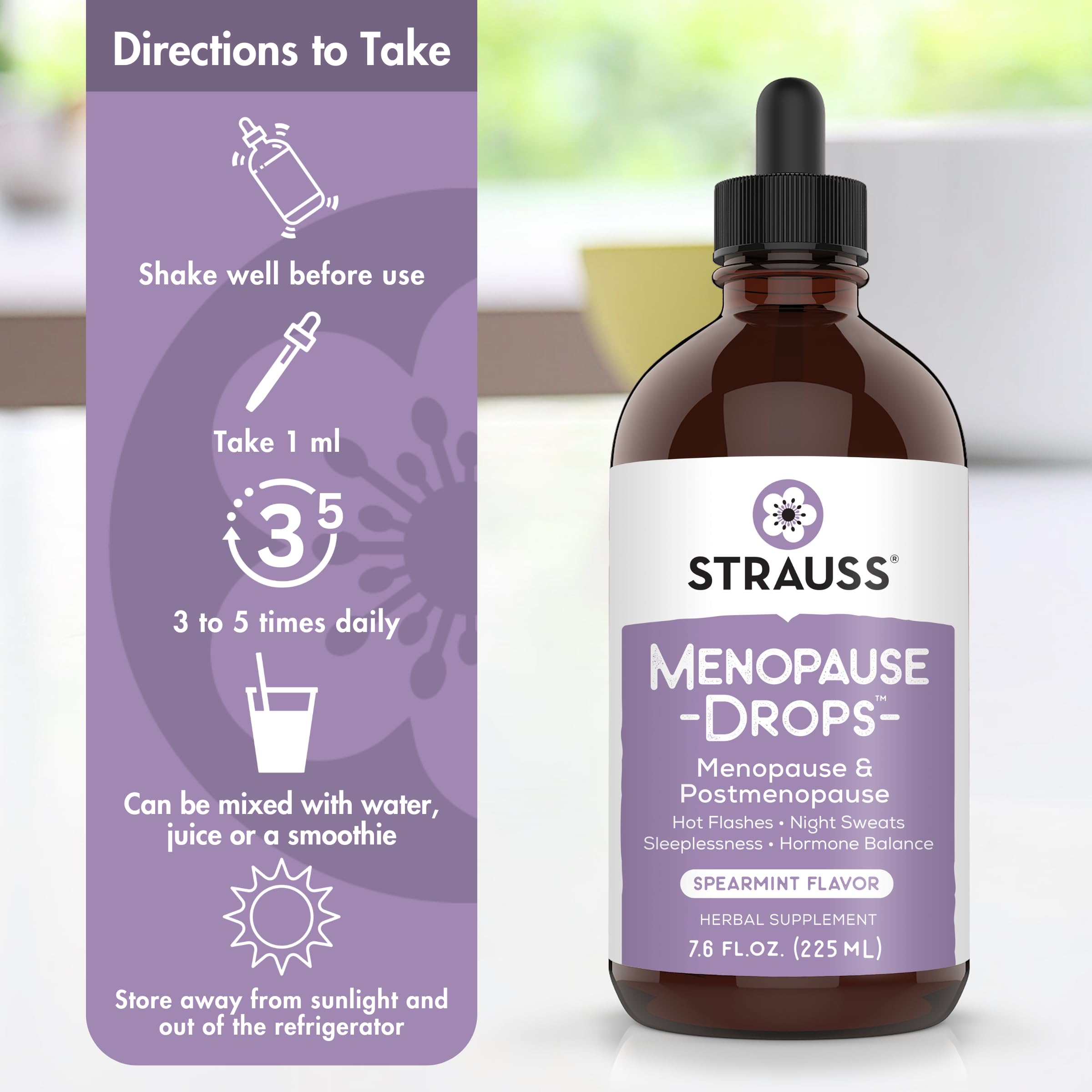 Strauss Naturals Menopause Drops 100ml – Menopause and Postmenopause Supplements for Women - Hot Flash Relief for Women, Night Sweat & Hormone Balance Support - Natural Non-GMO - Spearmint Flavor
