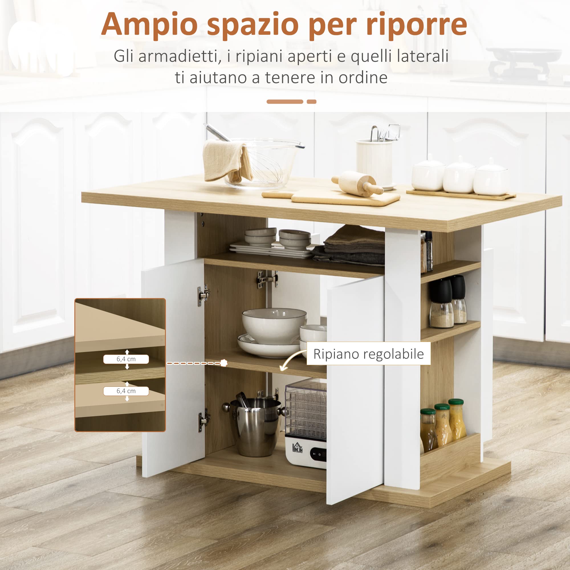 HOMCOM Isola per Cucina 4 Persone 110x70x75.5 cm Bianco e Color Legno