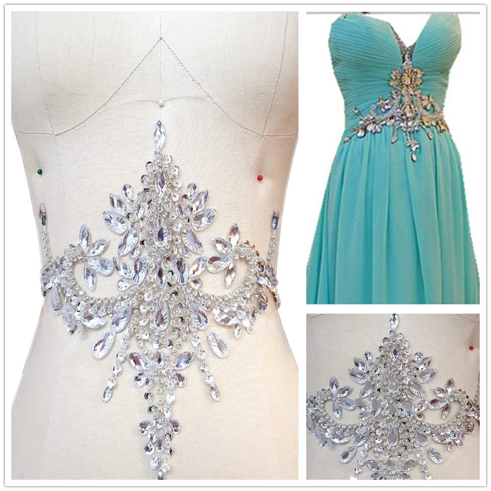 Applique en strass à coudre argentée et perles pour robe de mariée 22x29cm