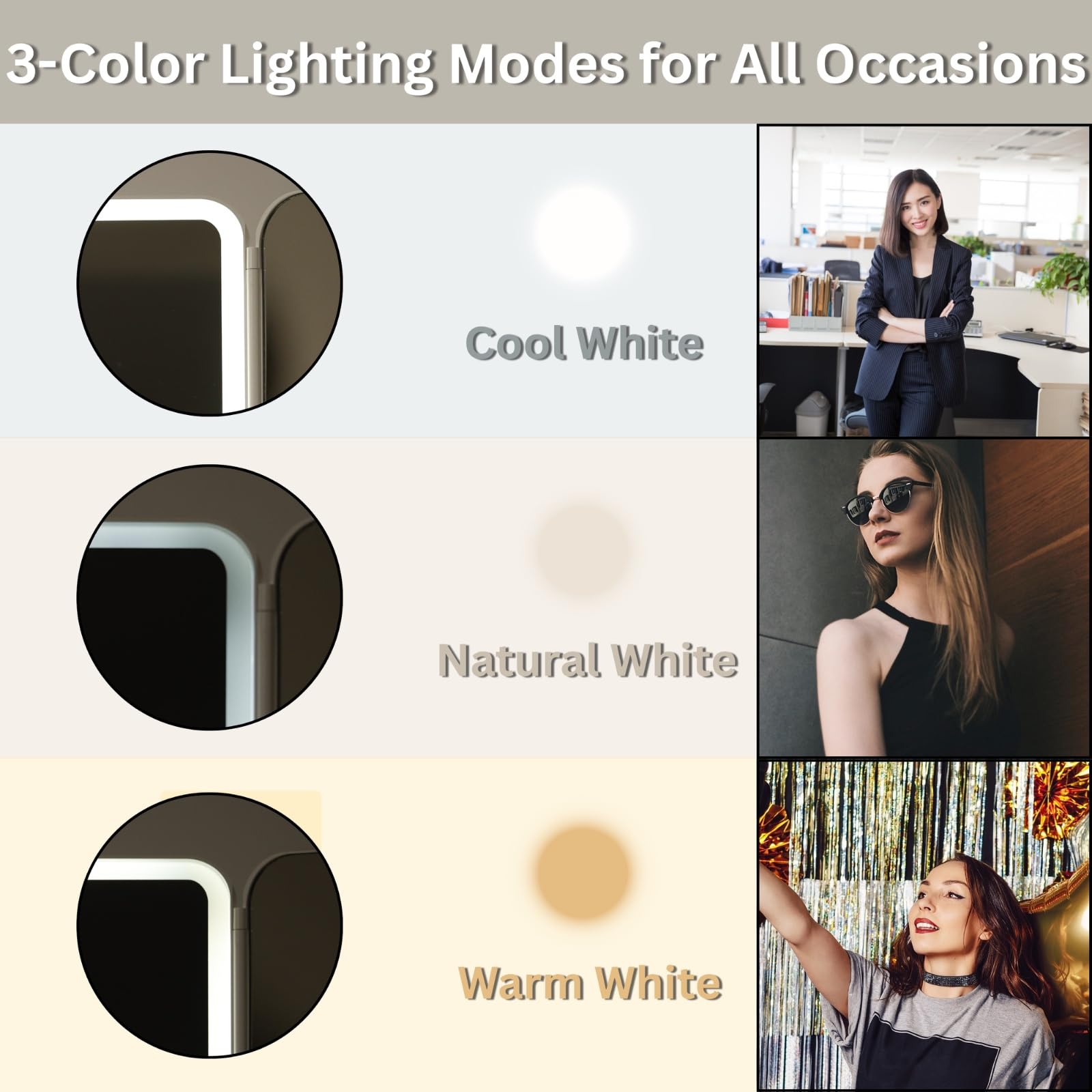 SELLSHO Plastic Rectangular LED Makeup Mirror with Adjustable Trifold Angle and LED Lights | Vanity Mirror with 3 Adjustable Coloured LED Light with USB Power and Battery Power (White), Tabletop 4