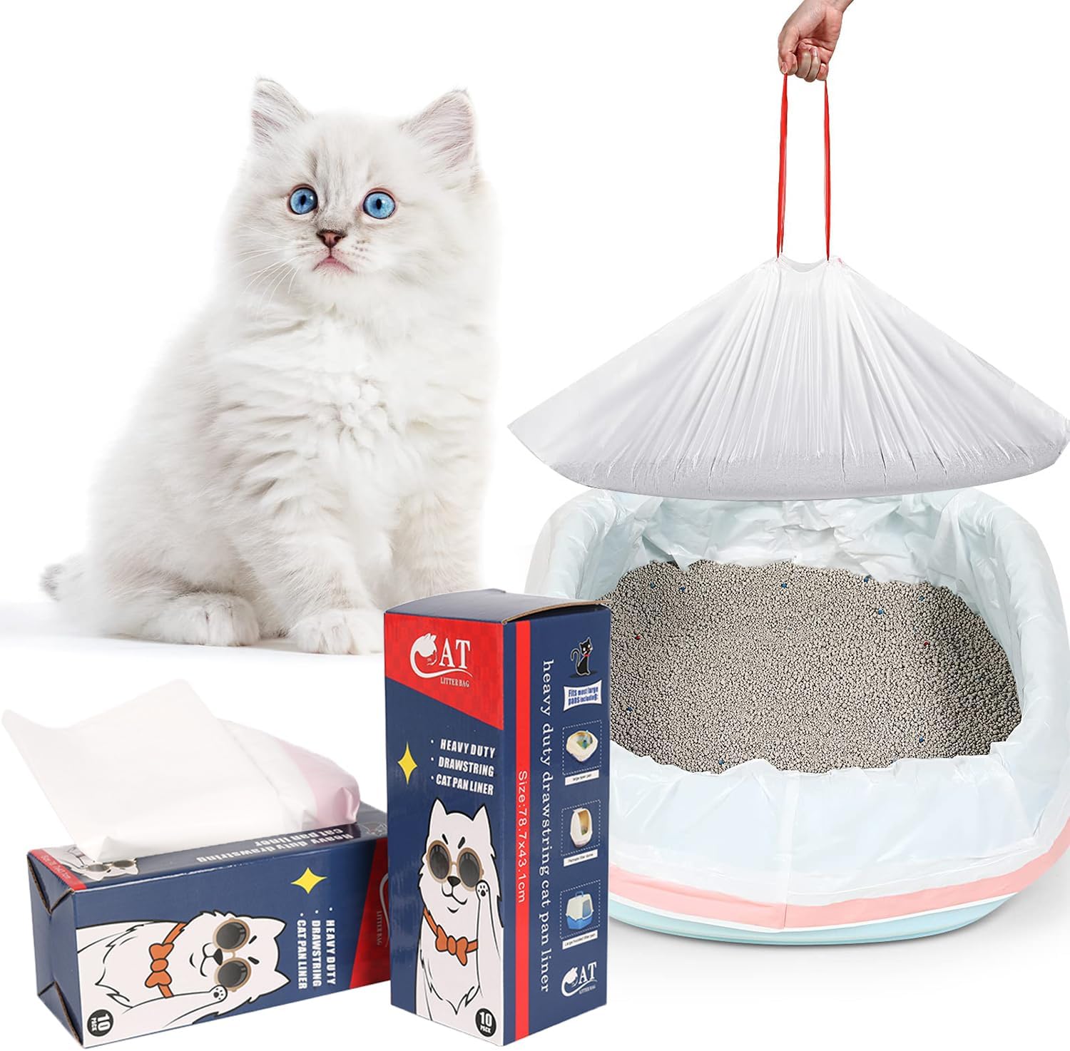 Large Cat Litter Box Liners, 2 Pcs 20 Count Liners Non-Stick Smooth Quick Cleaning Waste Bags With Drawstring Large Durable Poop Bag Litter Box Bags for Cat Poop, Cat Waste Litter Box Tray