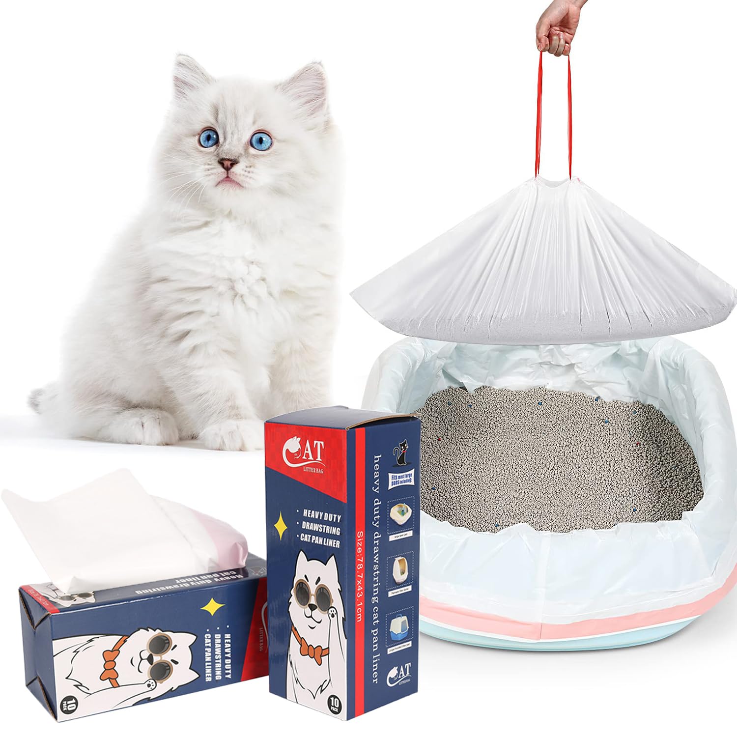 KASTWAVE 2 Pcs 20 Count Large Cat Litter Box Liners, Liners Non-Stick Smooth Quick Cleaning Waste Bags With Drawstring Large Durable Poop Bag Litter Box Bags for Cat Poop, Cat Waste Litter Box Tray