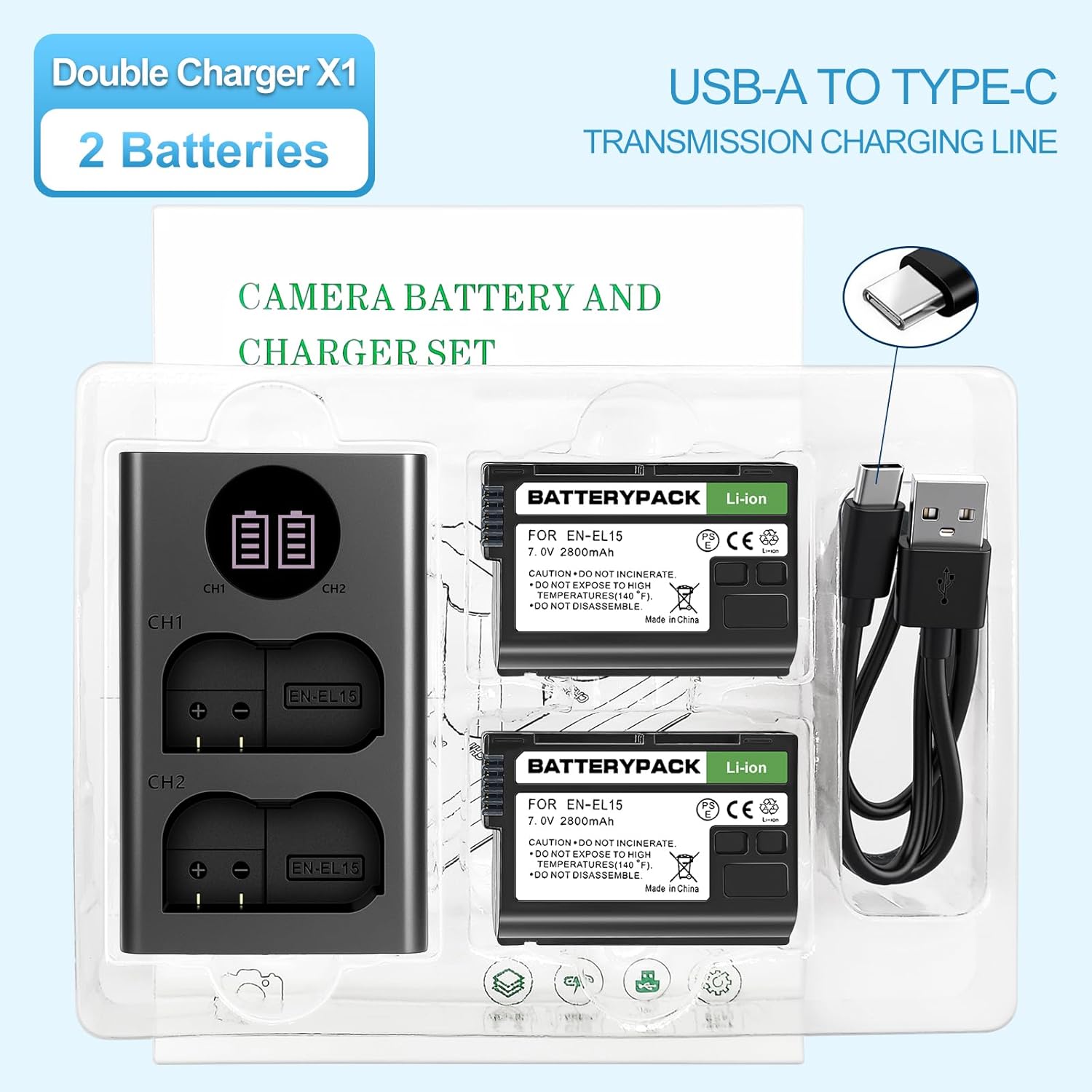 EN-EL15 Replacement Battery 2-Pack with LCD Dual Charger - 2800mAh Li-ion Battery for Nikon D850 D750 Z6II Z7II Z5 D500 D7500 D800 Z8 Zf D810 D800E D810A D600 D610 1 V1 DSLR & Mirrorless Cameras