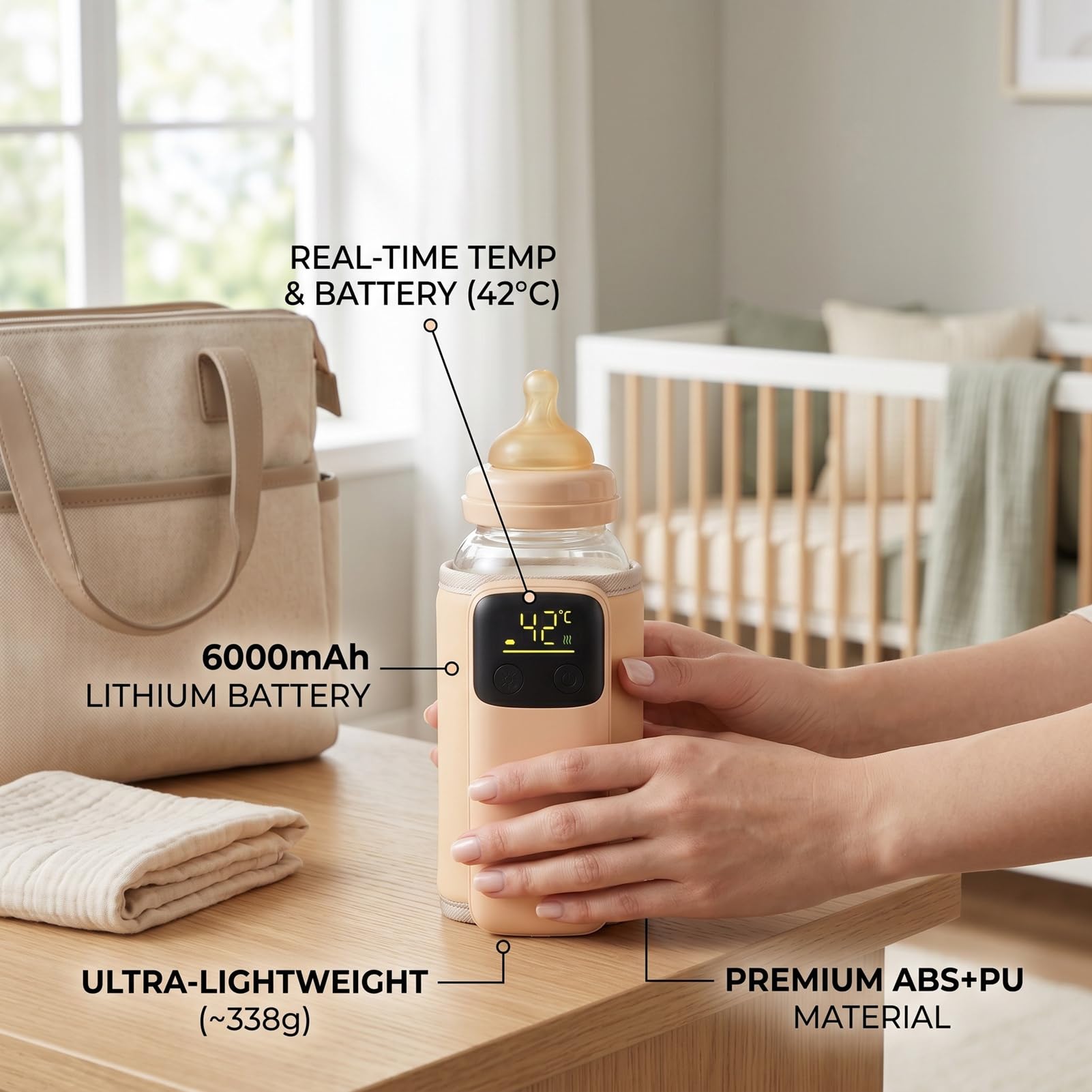 Ejoyous Calentador de Biberones Portátil Calentador de Leche para Bebés USB con Batería Recargable de 6000 MAh Calentamiento Uniforme 360 ​​de 98,6 a 131 F Calentamiento Rápido de 15 Minutos para