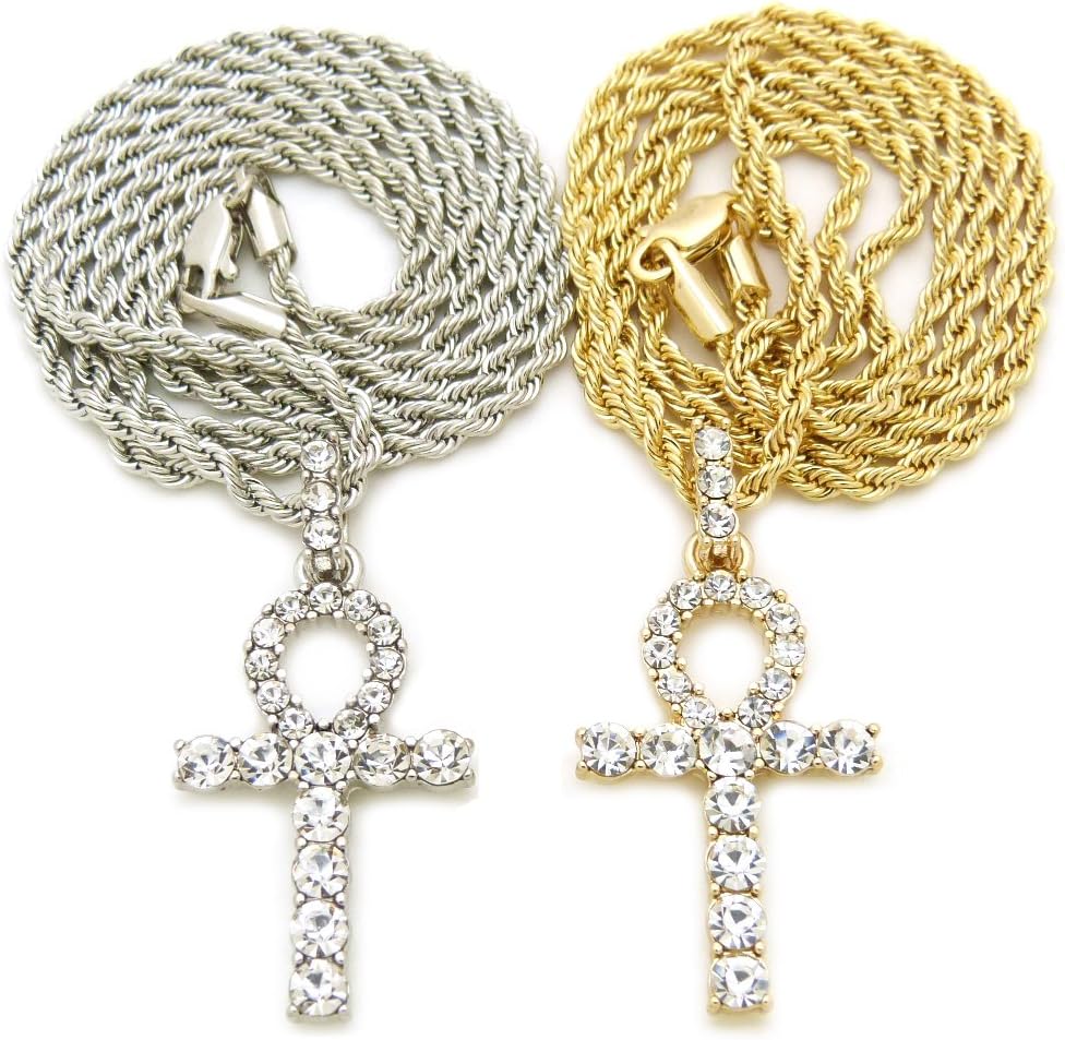 Egyptian Pave Double Ankh Pendant 24" Various Chain 2 Necklace Set in Gold, Silver Tone