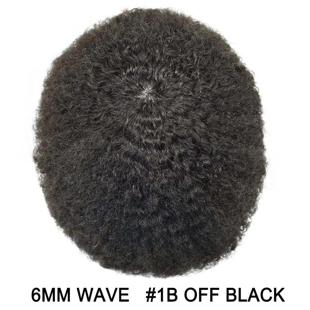 Afro Toupee for Black Men 6MM Full Poly African American Human Hair Replacement Systems Natural hair units black men Injected poly skin Curly mens Hairpieces Wigs (8"X10", #1B Off Black-6mm Afro