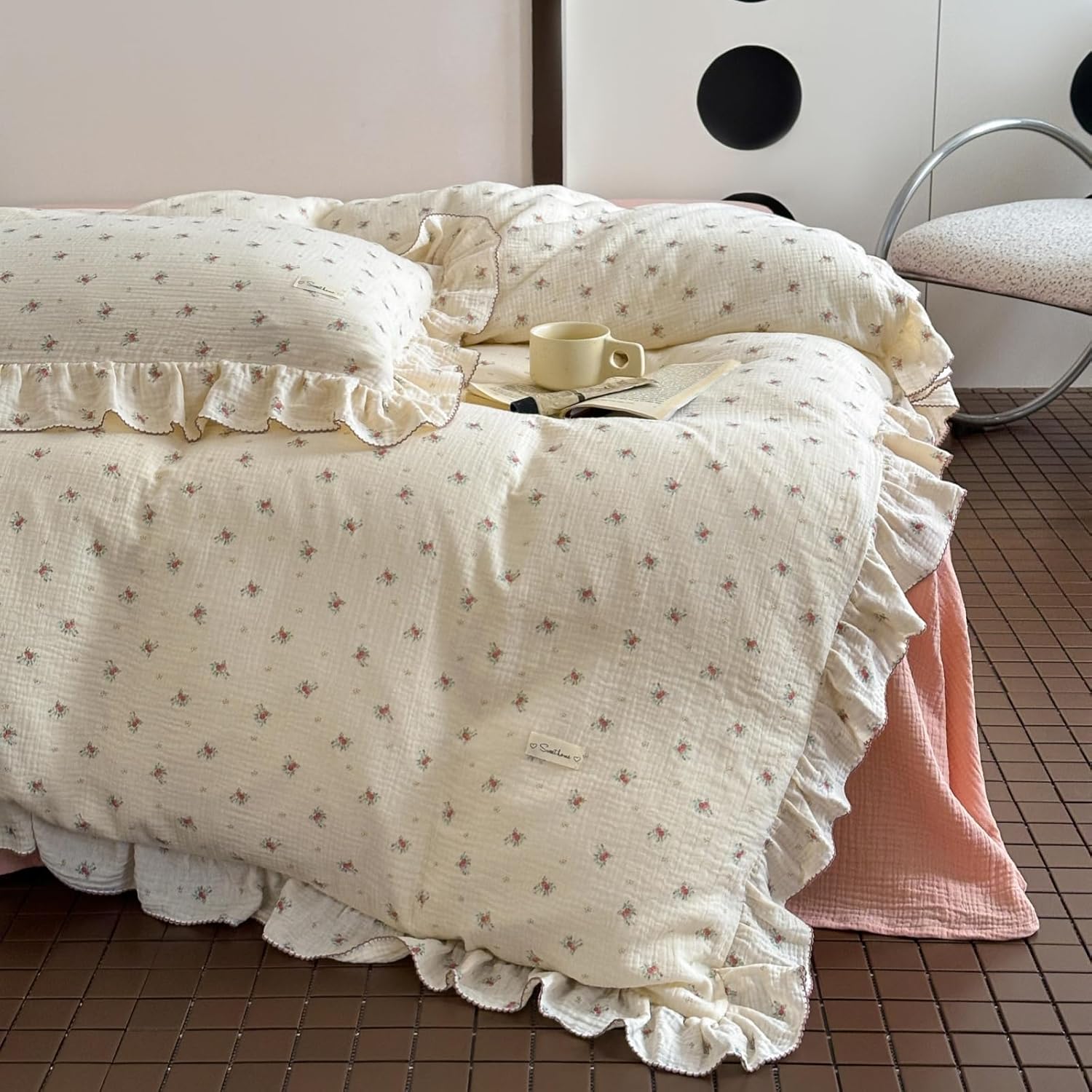 Kids Duvet Cover 1 Piece with Pink Floral Pattern Super Soft Muslin Cotton Comforter Cover Twin Size Comfy Ruffled Bedding Duvet Cover 2-Layer Gauze for Girls Boys Chic Floral Print Duvet Protector