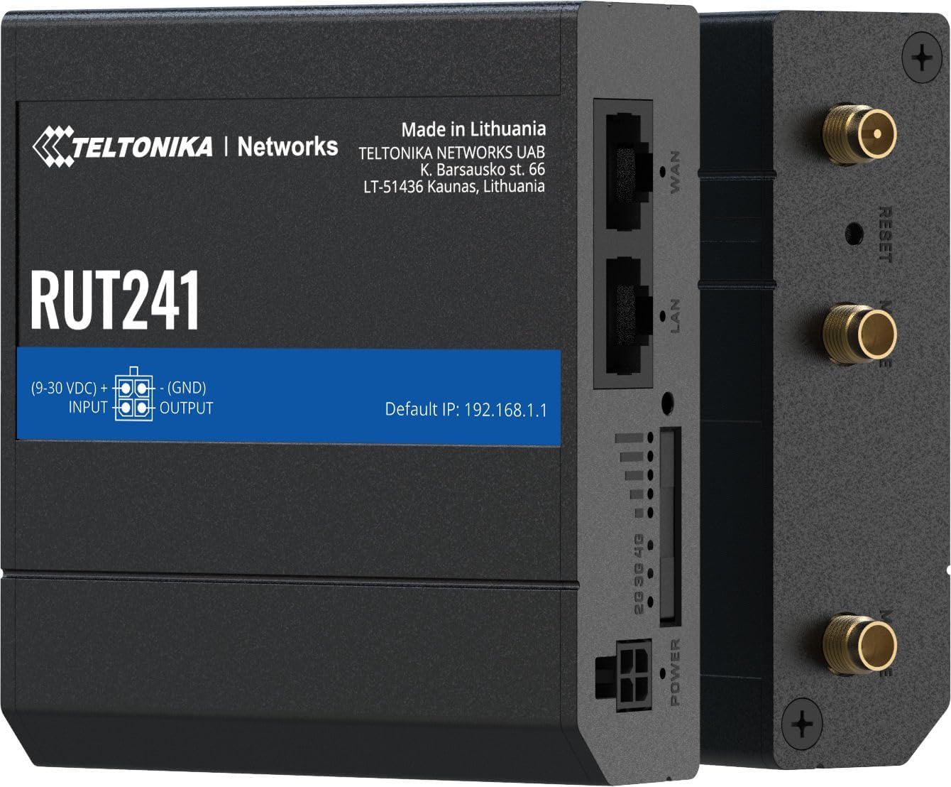 ด้านข้าง view of Teltonika RUT241 router showing all ports and indicators