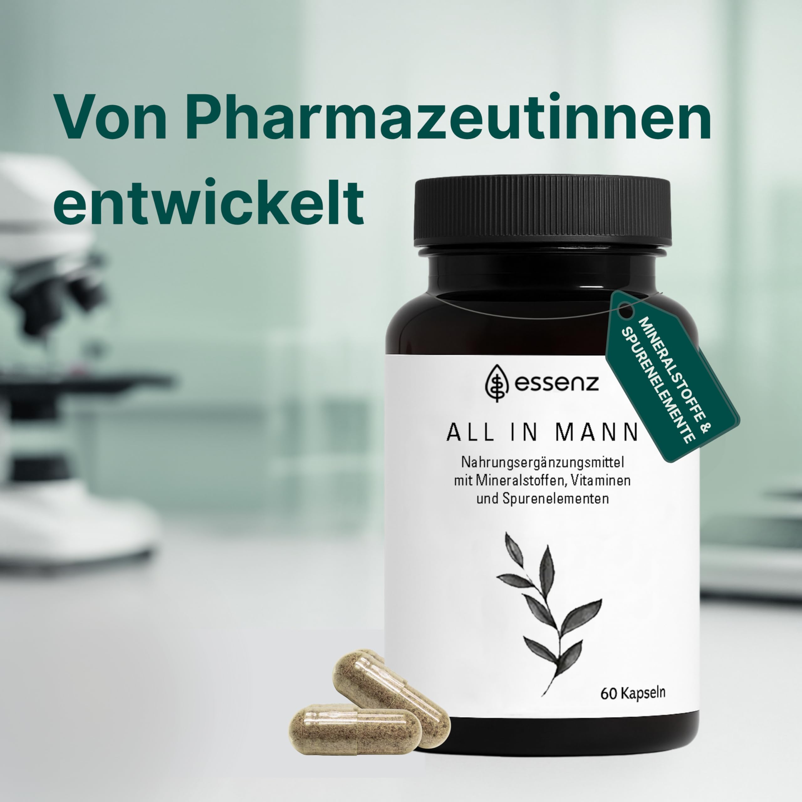 ESSENZ – All In Mann 4 x 60 Kapseln – Multinährstoff-Komplex + Vitamine, Mineralstoffe & Spurenelemente. Mit Zink zur Erhaltung eines normalen Testosteronspiegels + Vitamin C & D für das Immunsystem