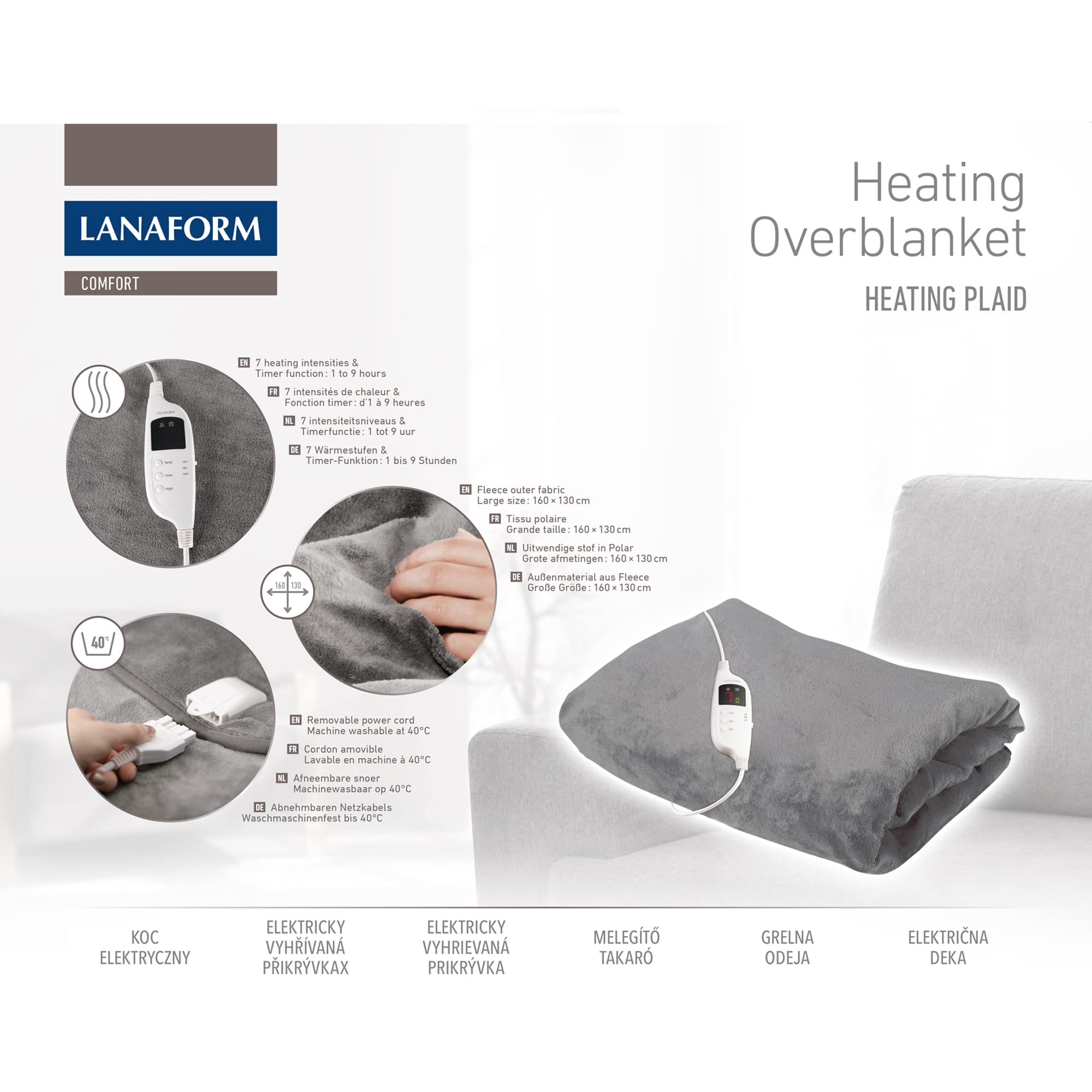 LANAFORM - Heating Overblanket - Couverture Chauffante Électrique - Plaid Chauffant Douillet - Couverture Électrique Polaire - 7 Niveaux De Chauffe - Arrêt Automatique