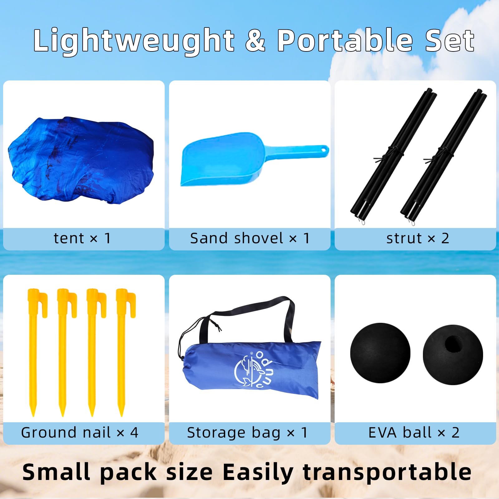 Tenda da spiaggia Pop Up 160 x 200 cm stampa 3D piccola protezione solare UPF50, per esterni, cortile, spiaggia, campeggio, con aste di stabilitàConchiglia blu