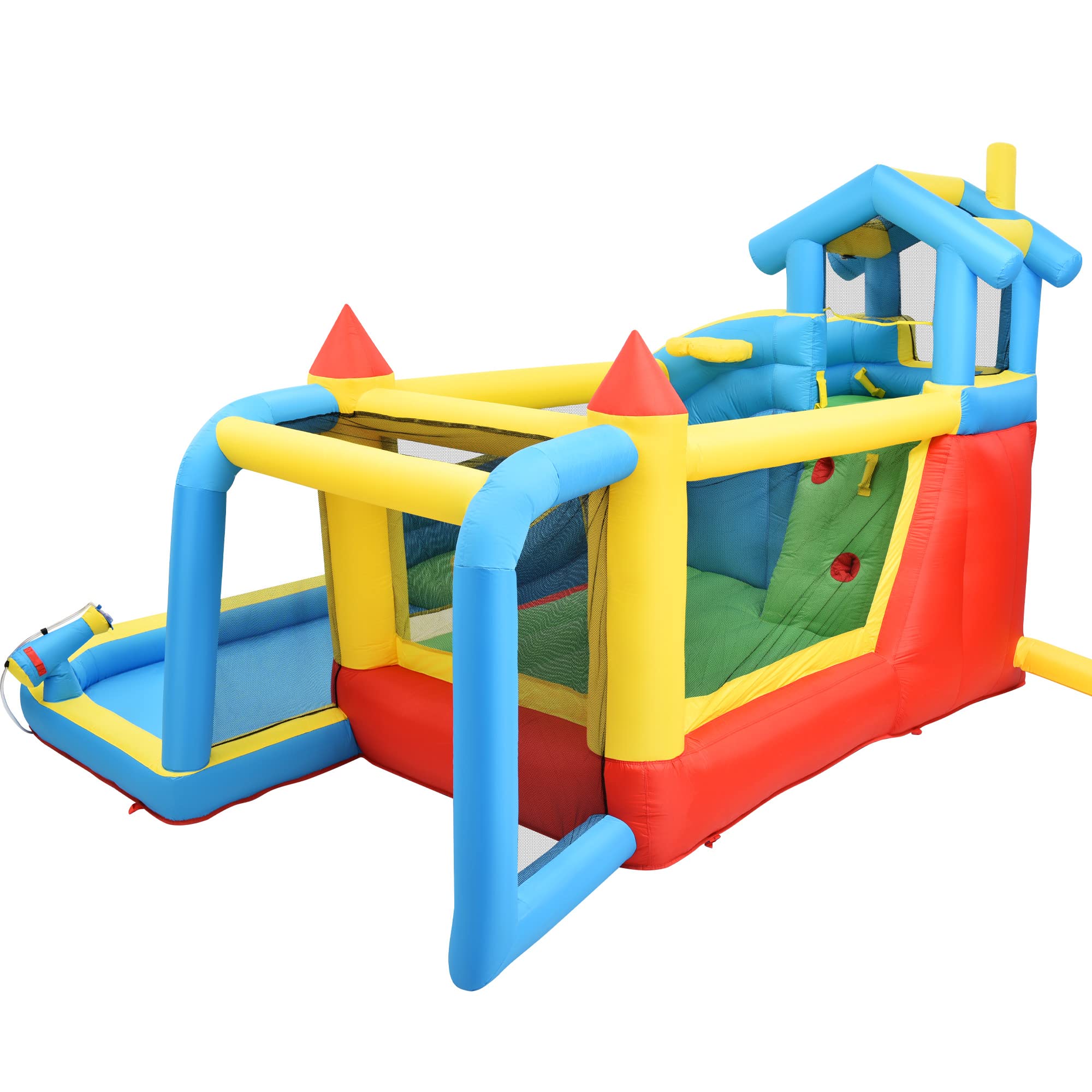 Merax Aufblasbare Hüpfburg mit Gebläse, Trocken-/Wasserrutsche, Outdoor Castle mit Sprungbereich, großes Wasserpool, Fußballnetz, für Kinder von 3 bis 10 Jahren, inkl. Tragetasche, 364 x 315 x 239 cm