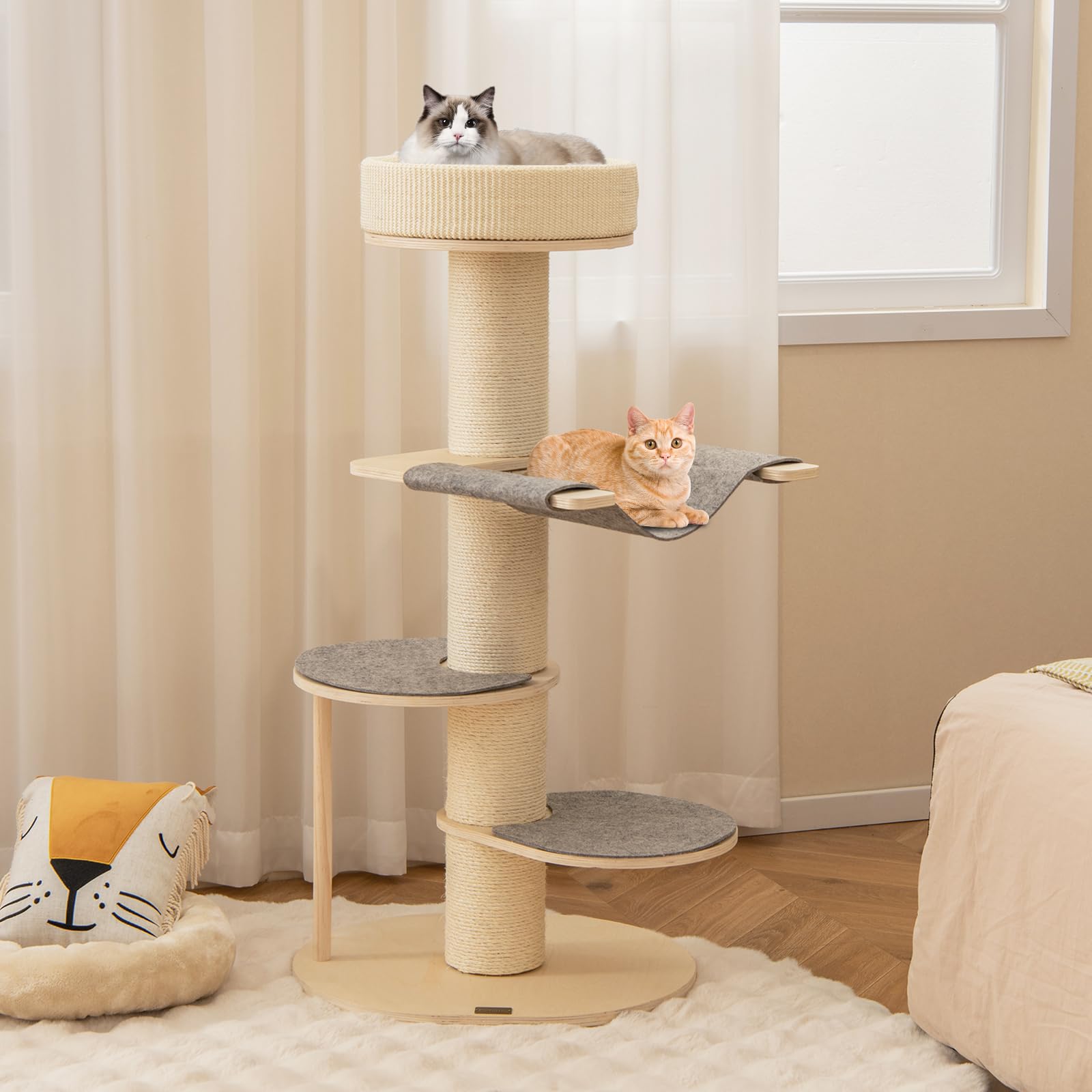 PETSITE 47 inch Cat Tree Tower, Multi-Level Wooden Cat Tower with Sisal Scratching Posts, Cozy Top Perch, Side Hammock, and Jumping Platforms, Modern Cat Tree for Indoor Cats
