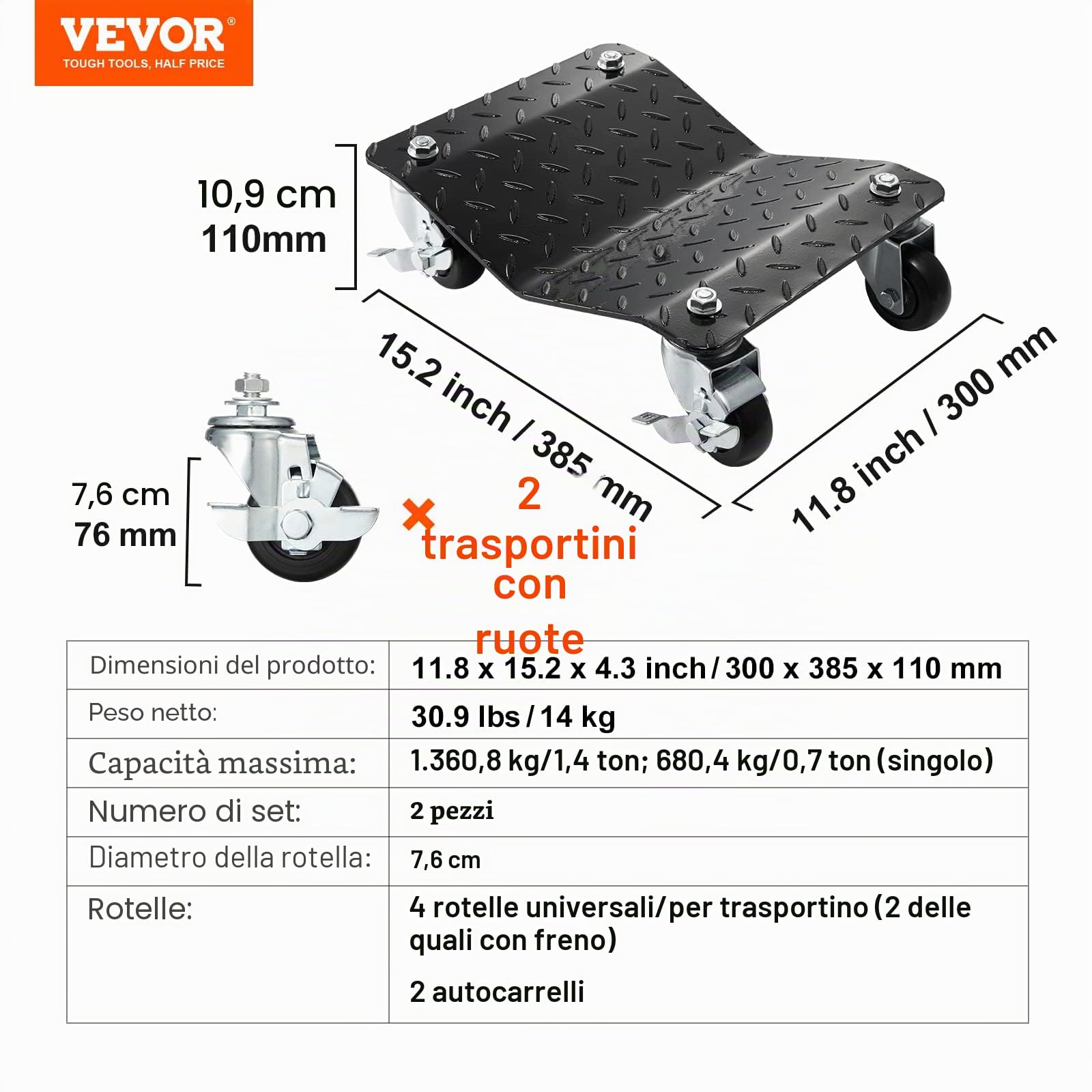 VEVOR Carrello Sposta Auto Moto Sottoruote 2 Pezzi Carico Singolo 700kg Carico Max. Totale 1400 kg, Pedana Carrello Sposta Auto Ausilio di Manovra Posizionatore per Veicoli Ruote Adattabile 0-30,5 cm
