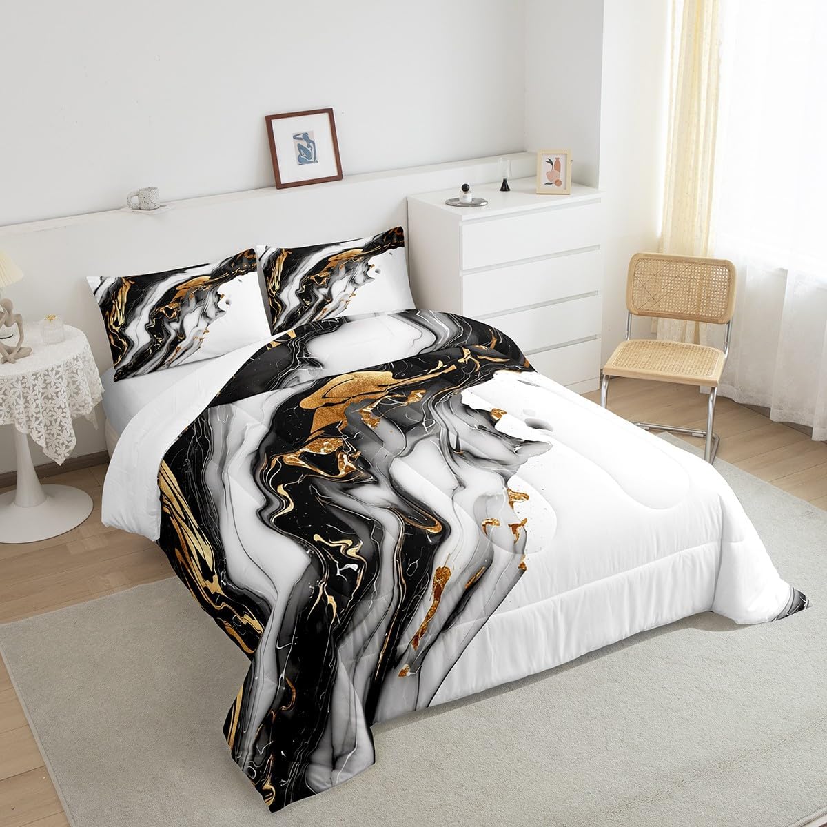 Feelyou Marble Texture Bedding Set Black White Golden Comforter Set for Kids Boys Girls Teens Ink Color Comforter Modern Marble Aesthetic Duvet Set 3Pcs with 2 Pillow Case Full Size Boys