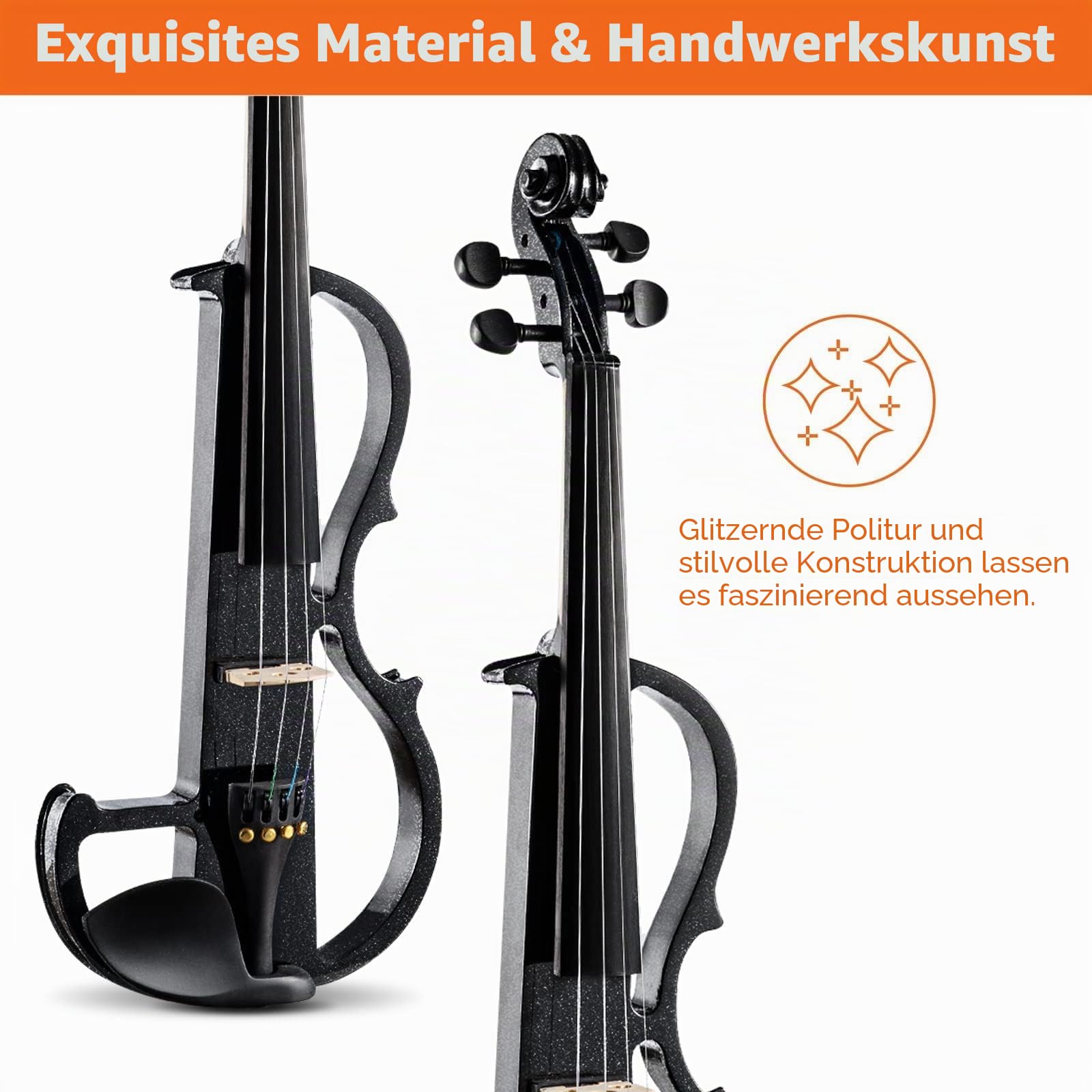 Vangoa 4/4 Elektrische Violine E Geige aus Massivem Holz Electric Stille Violine in Volle Größe mit Kolophonium, Tragetasche, Audiokabel, Schulterstütze, Bogen, Schwarz