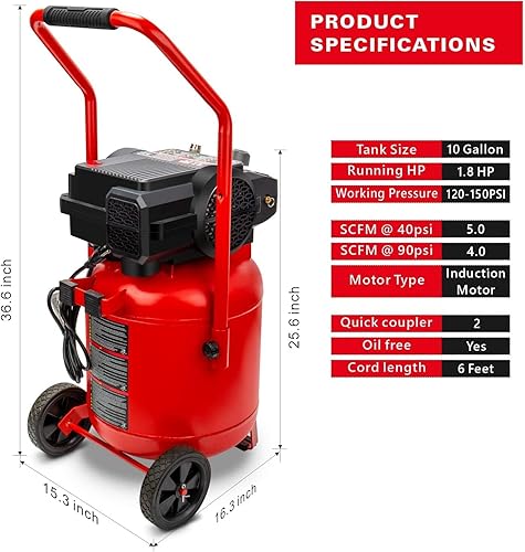 Miniatura 2 de CRAFTSMAN Compresor de aire de 10 galones, pico de 1.8 HP, presión máxima de 150 PSI, compresor de aire portátil sin aceite con rueda, compresor de
