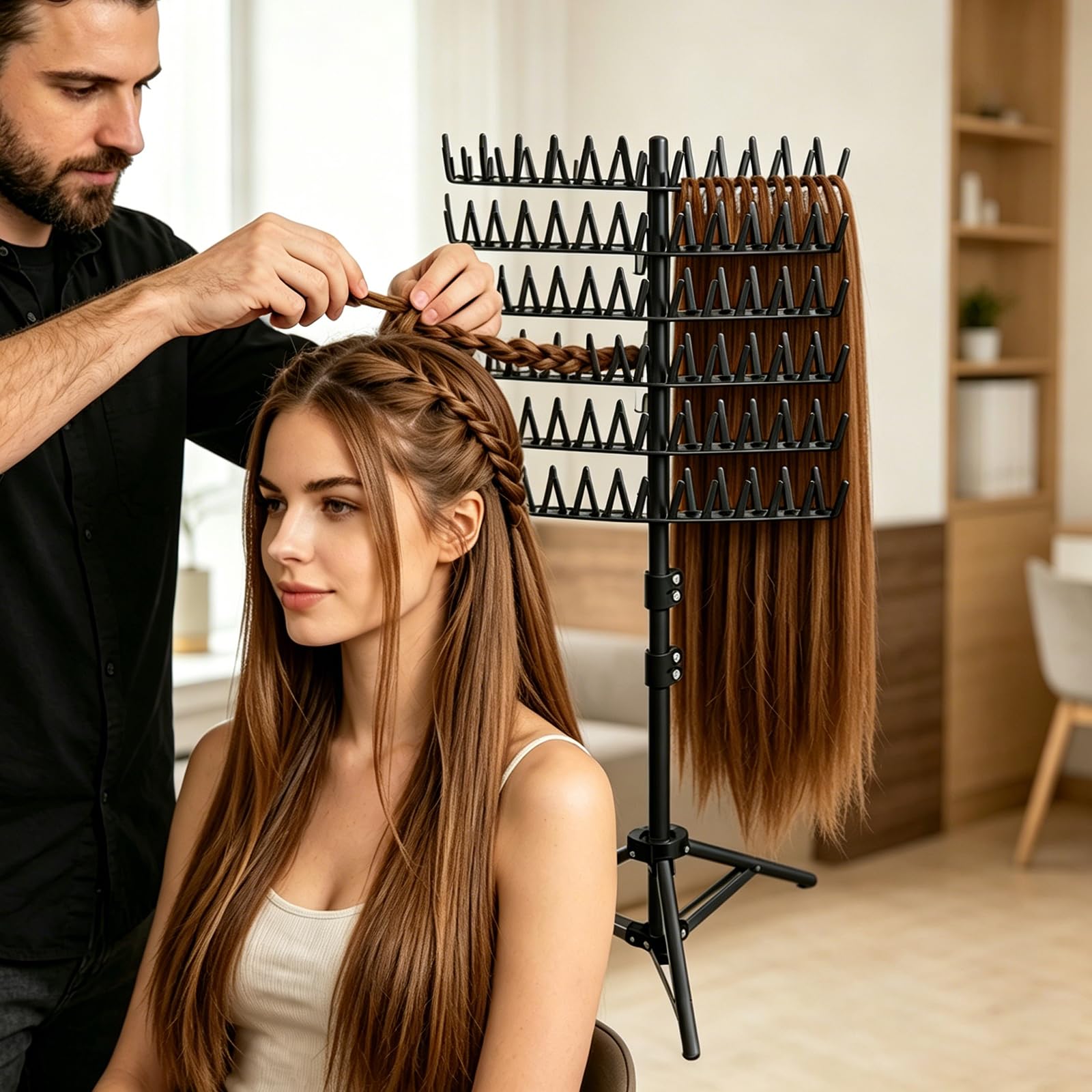 Braiding Hair Rack Support pour extensions de cheveux réglable en hauteur et pliable, 144 stylos, avec pinces à cheveux + peignes, support de perruque, pour coiffeurs et tresses, noir