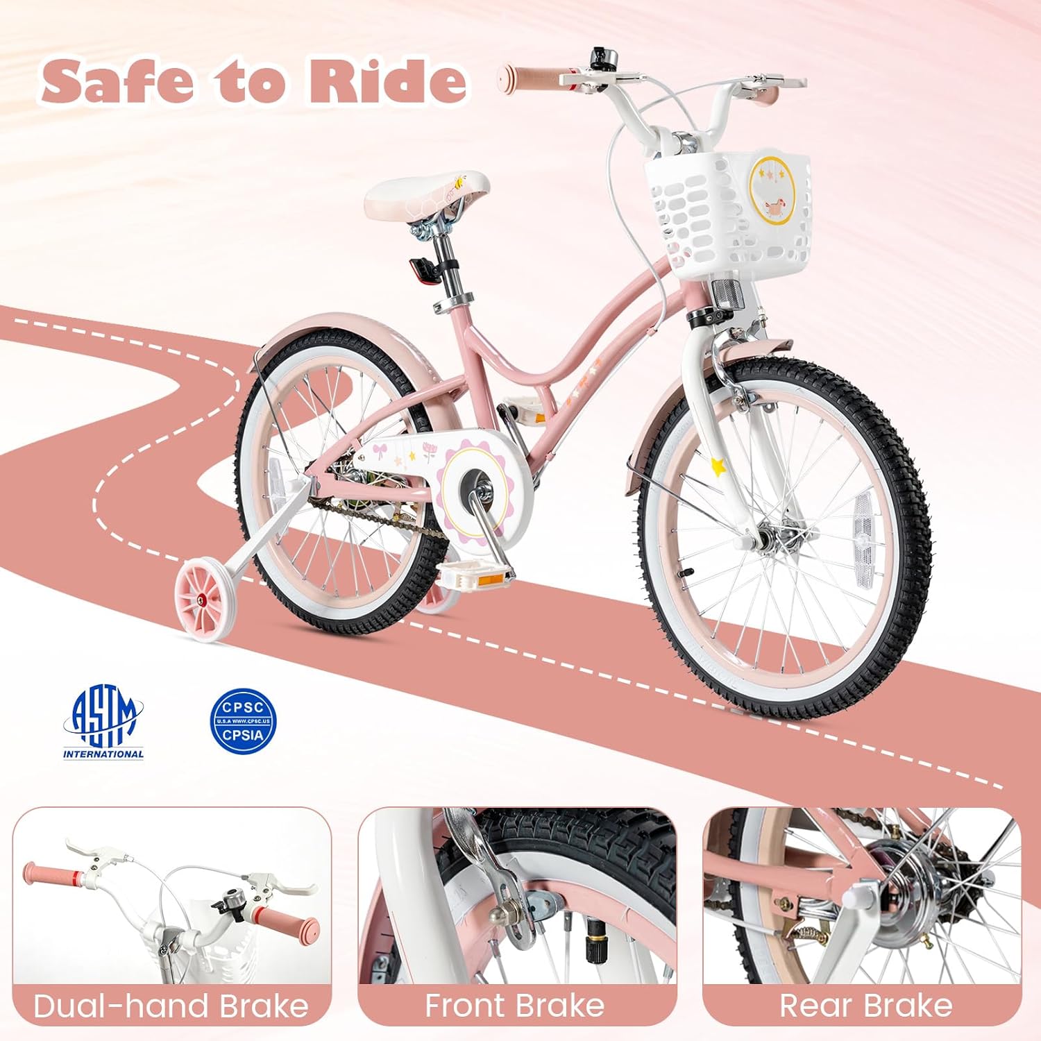 Diagram showing the adjustable handlebar and saddle height of the pink GYMAX kids bicycle, with dimensions for wheel size, rider height, handlebar height, saddle height, and weight capacity.