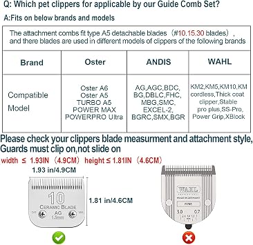 Professional Animal Stainless Steel 5 Color Guide Comb Set for 10#/15#/30#Detachable Blade,Compatible with Andis, Oster A5, Wahl KM Series Guards Clipper(Cutting Length 3mm-16mm)