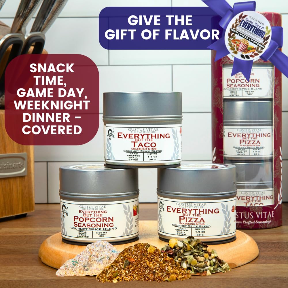 Spice, Nice & Everything Seasonings: Taco, Pizza, Popcorn | Gift Packaged Set of 3 | All Natural, Non GMO Seasoning | Gourmet Spice Blends & Rubs | Small Batch, Hand Made | Made in USA | No Artificial Ingredients, Authentic Flavors | GLP-1 Friendly | Artisanal Gift Pack | Sustainably Sourced, Ultra Premium | Gustus Vitae | All Occasion Gift