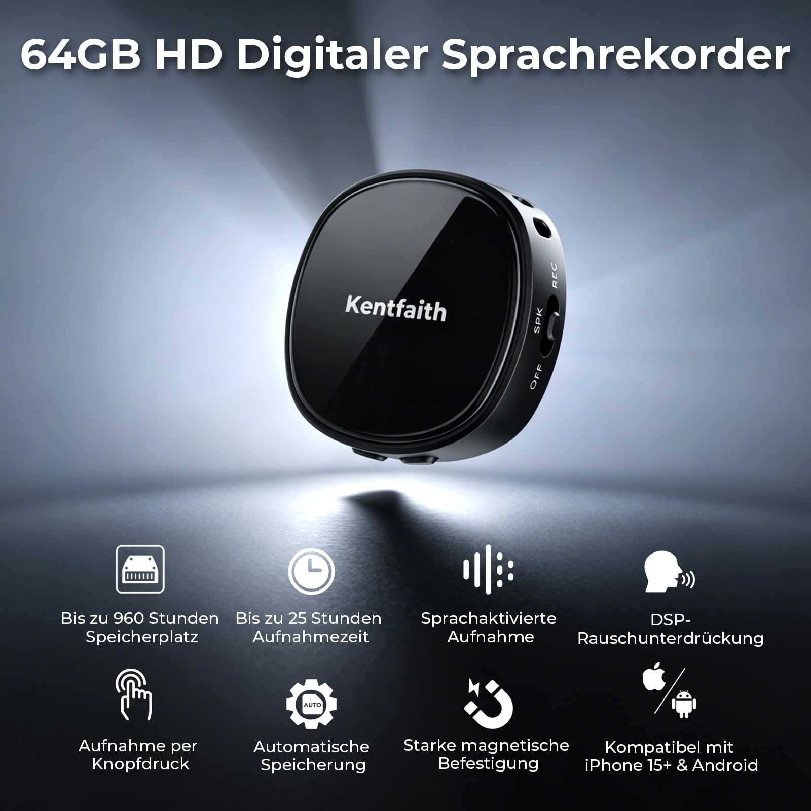 Kentfaith Mini Grabadora de Voz Magnética 128GB | Activación por Voz, Reducción de Ruido DSP, 25H de Batería, Grabadora Digital USB-C para Reuniones, Clases e Entrevista