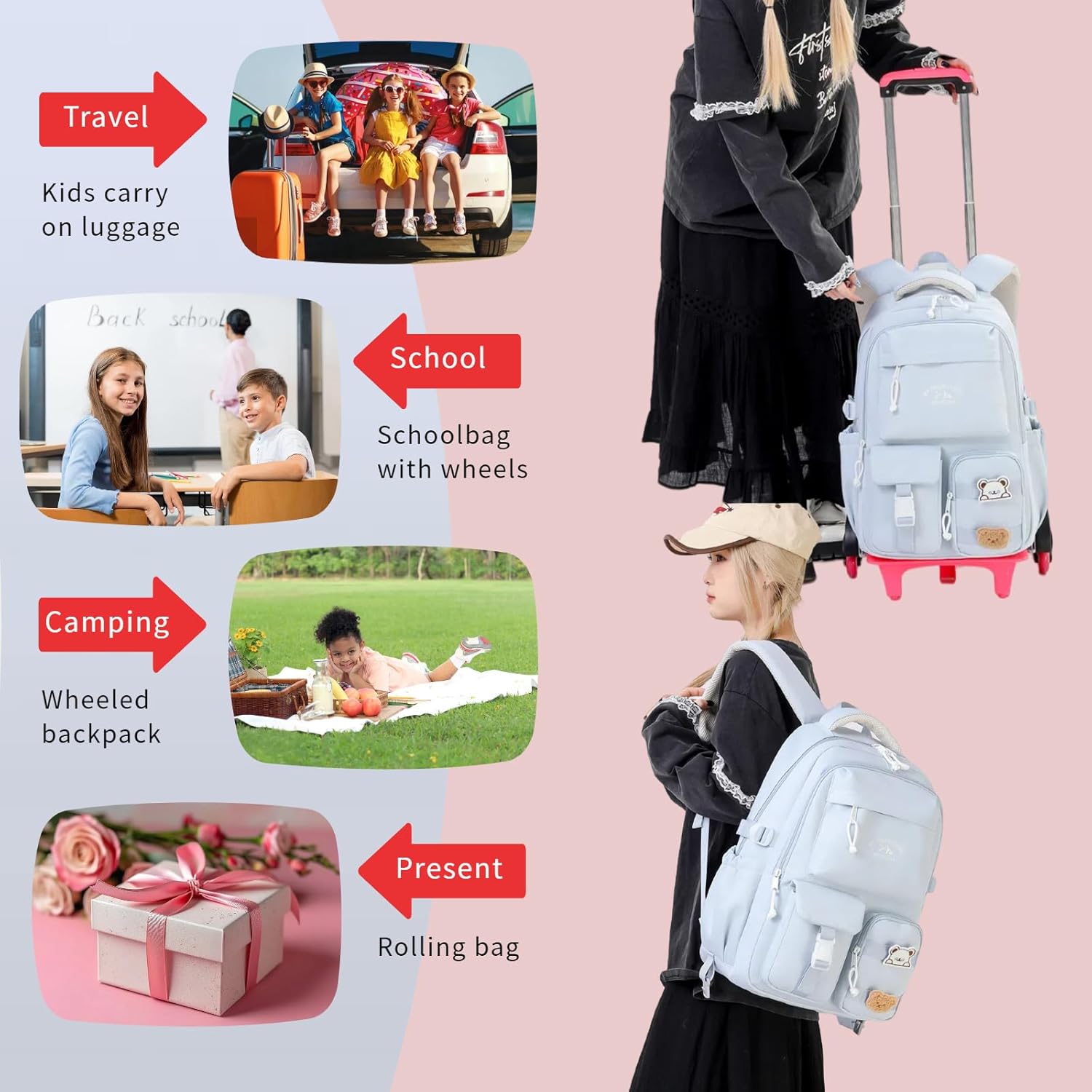 Girls Rolling Backpack with Wheels, Girls Wheeled Backpack for School, Roller School Bag Bookbag on Wheels Kids Carry-on Luggage, Light blue