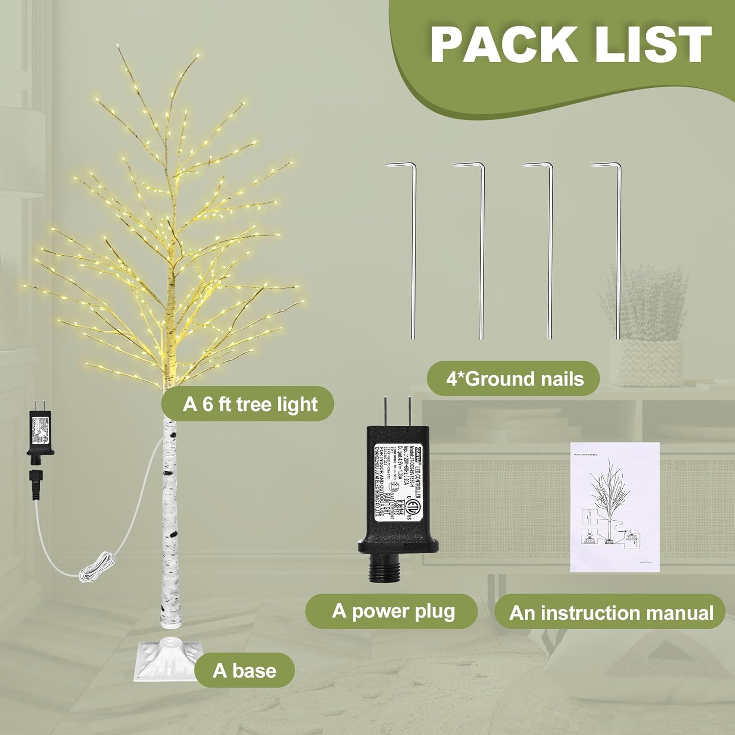 6FT Lighted Twig Birch Tree with Fairy Lights, 260 LED Birch Tree Lights with Timer for Indoor Outdoor Home Bedroom Party Christmas Decoration, Plug in, 2Pack