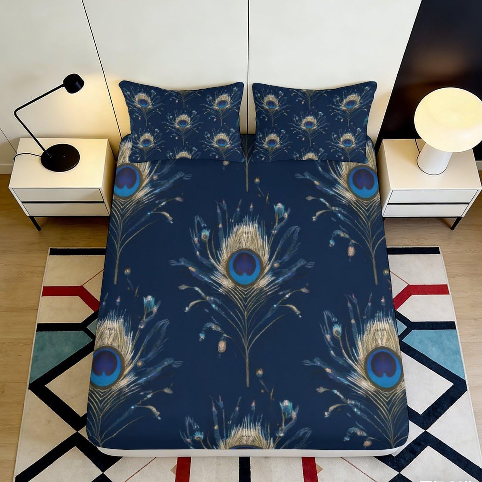 3D Printed Peacock Feather Fitted Sheet Microfiber Soft Navy Mattress Cover Non-slip Bedroom Decor Machine Washable 120x200x25cm