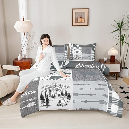 Miniatura 3 de Juego de ropa de cama de cuernos de ciervo para niños, juego de edredón de retazos a cuadros rústico de búfalo tamaño completo para niños