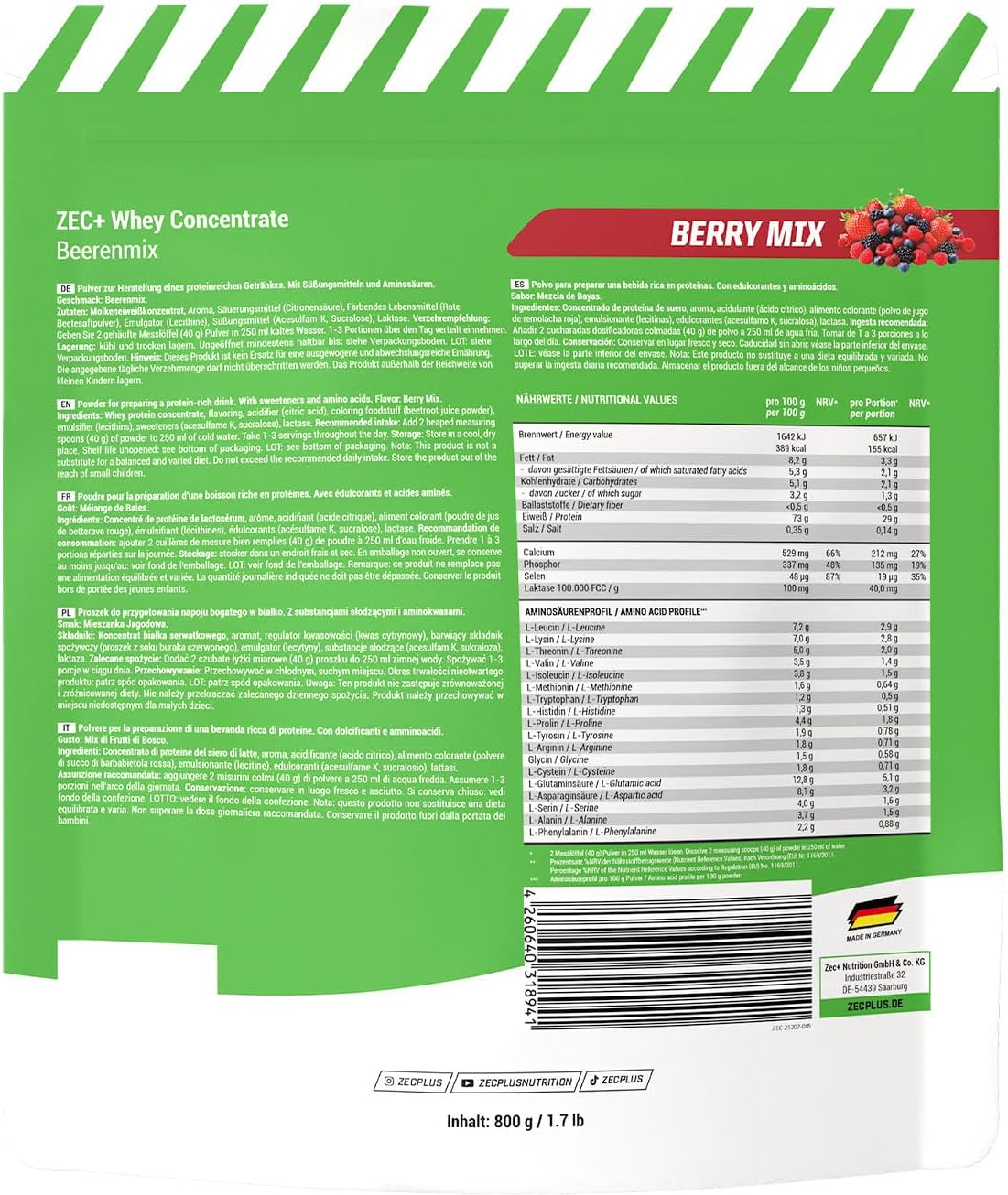 ZEC+ Whey Concentrate 800 g, Protein Powder Made of High-Quality Whey Protein, Low-Calorie Protein Shake with Essential Amino Acids - Made in Germany (Berry Mix)