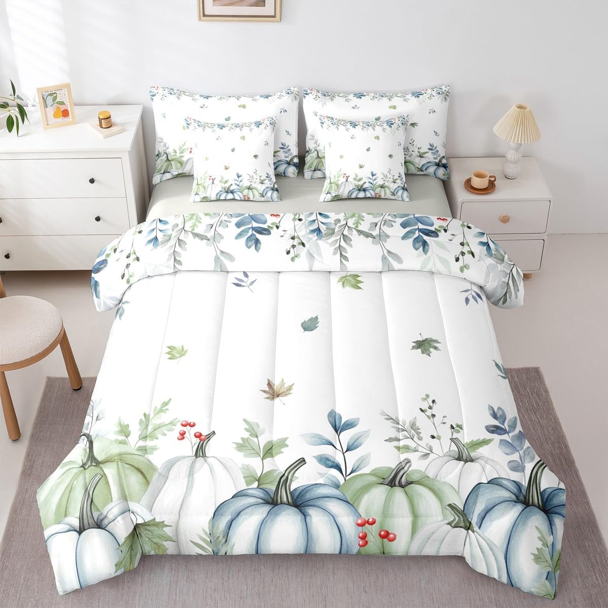 Erosebridal Pumpkins Eucalyptus Leaves Queen Bedding Set, Blue Pumpkins Fall Decor Bed in A Bag,Autumn Fall Comforter Sets with Sheets, Thanksgiving Farmhouse 7 Pieces Bed Set Bedroom Decor